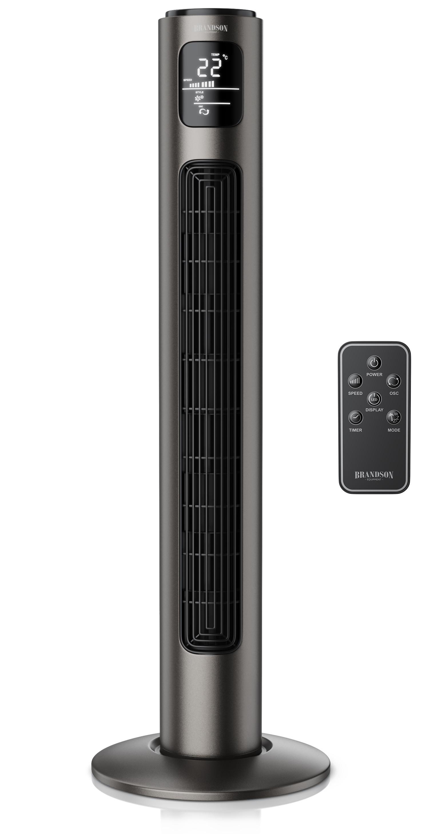 Brandson Turmventilator in Dunkelgrau mit Digitalanzeige und Fernbedienung, elegantem Design und stabilem Standfuß.