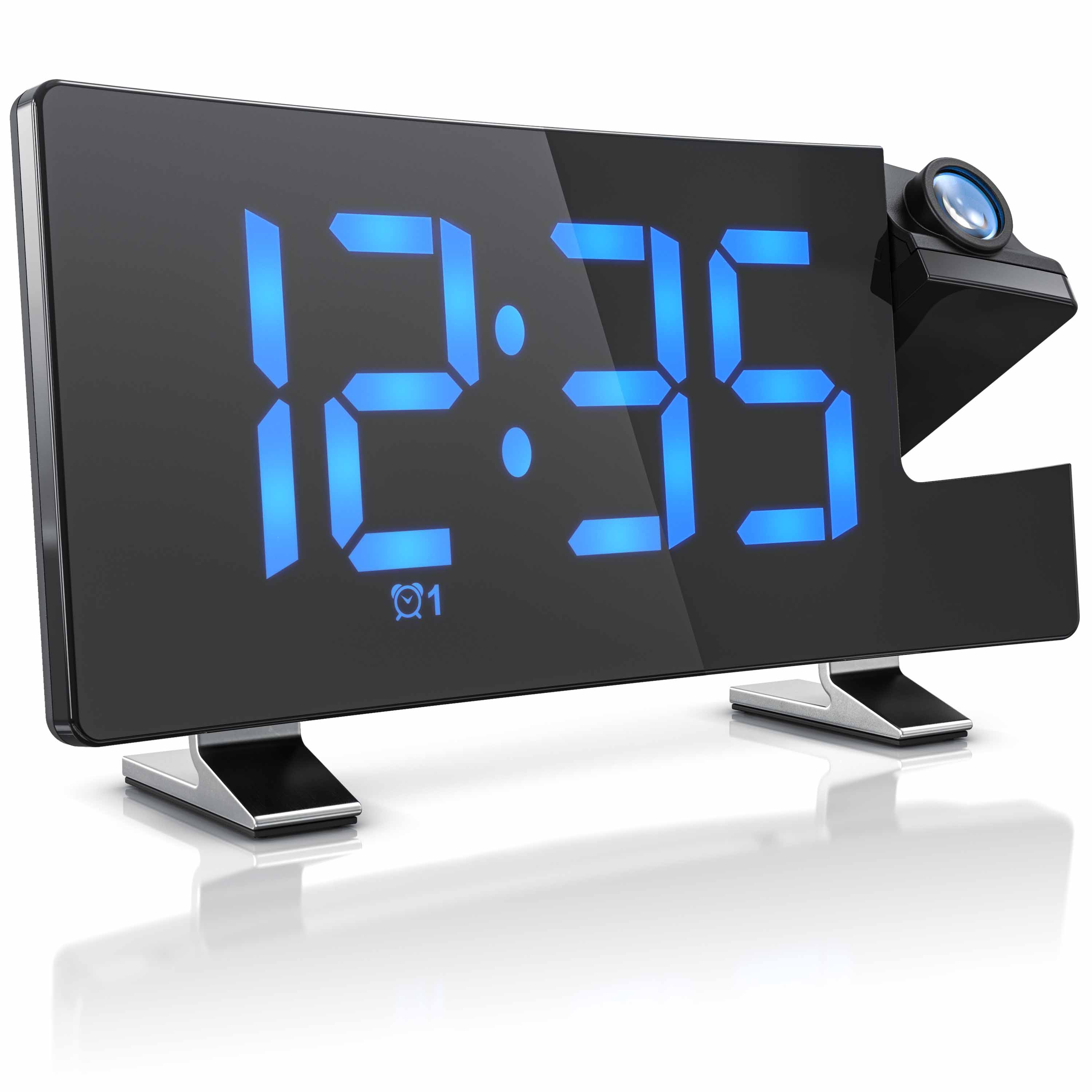Brandson Digitaluhr mit großem blauen LED-Display und modernem, schwarzem Gehäuse auf silbernen Füßen.