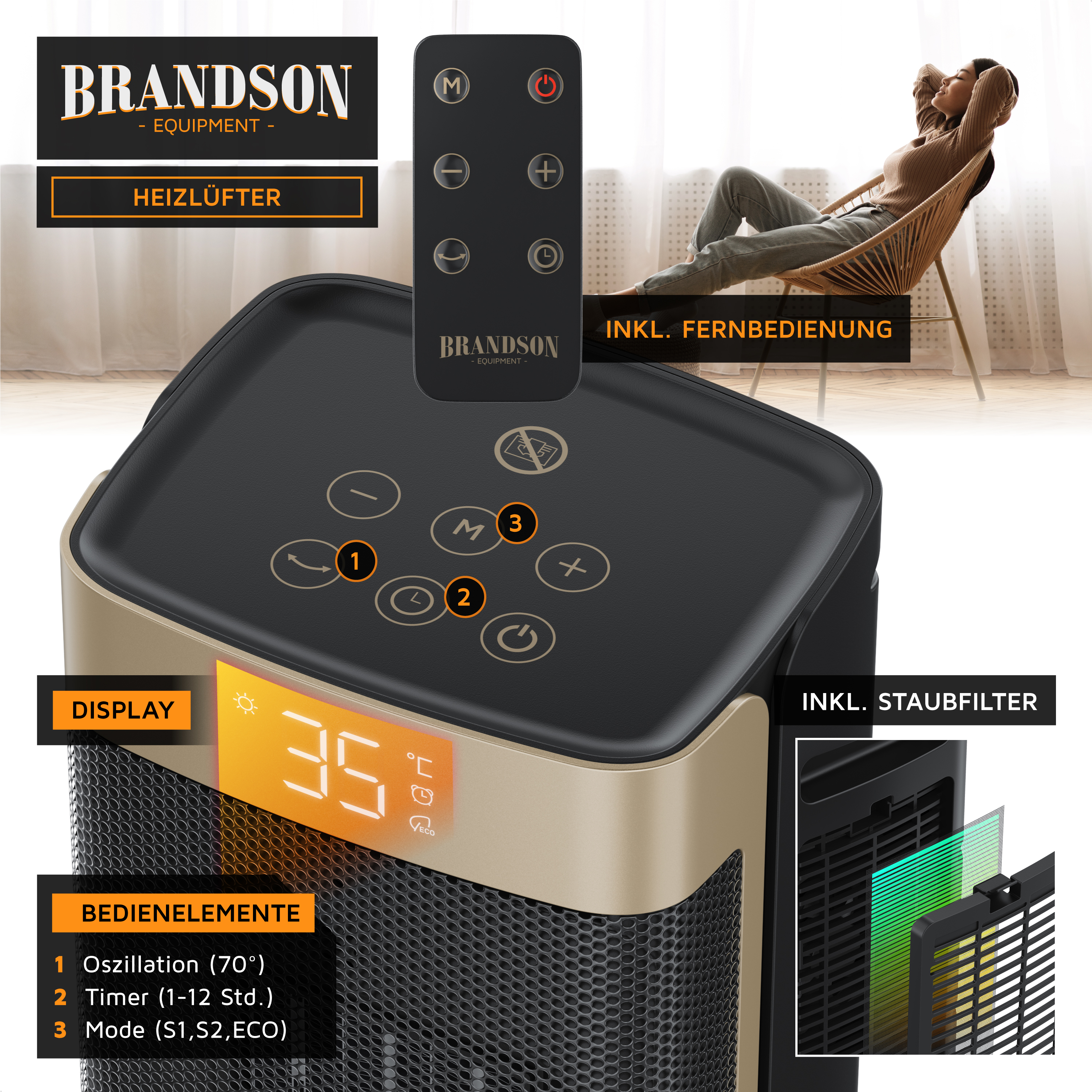 Brandson Heizlüfter mit Fernbedienung, digitalem Display und Bedienelementen, in elegantem Design mit Staubfilter.