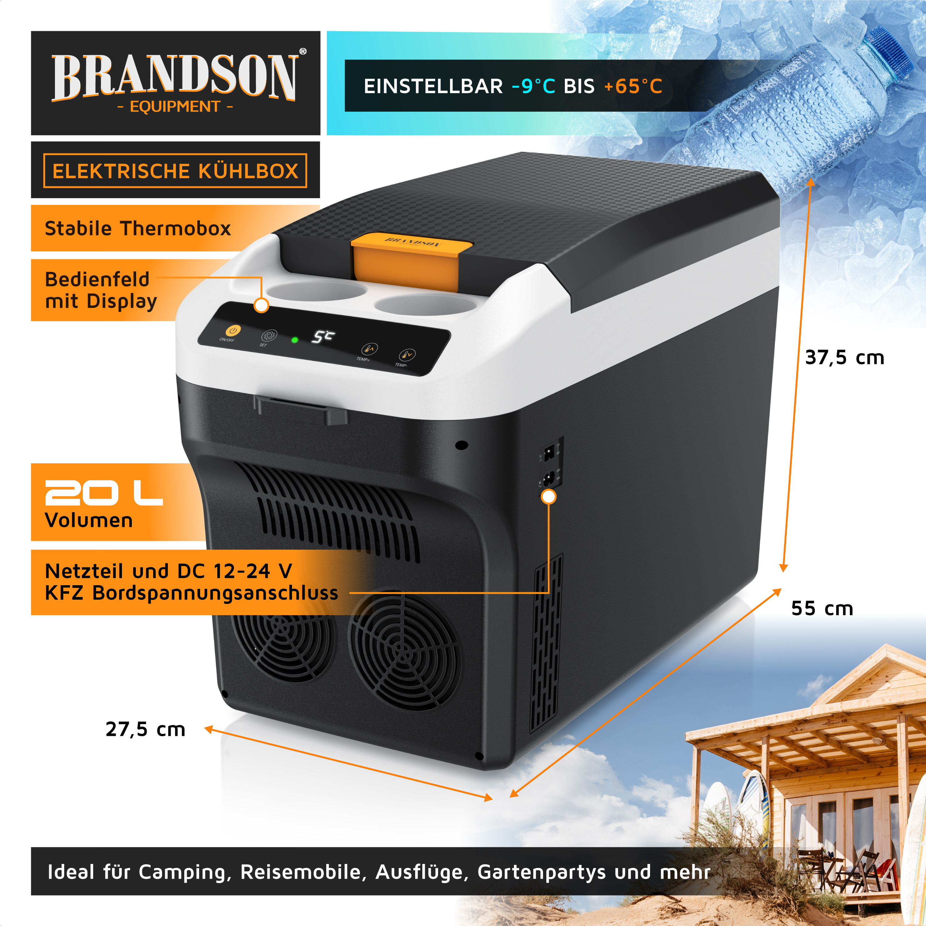 Brandson elektrische Kühlbox mit stabilem Gehäuse, Bedienfeld mit Display und 20 Litern Volumen, ideal für Camping und Ausflüge.