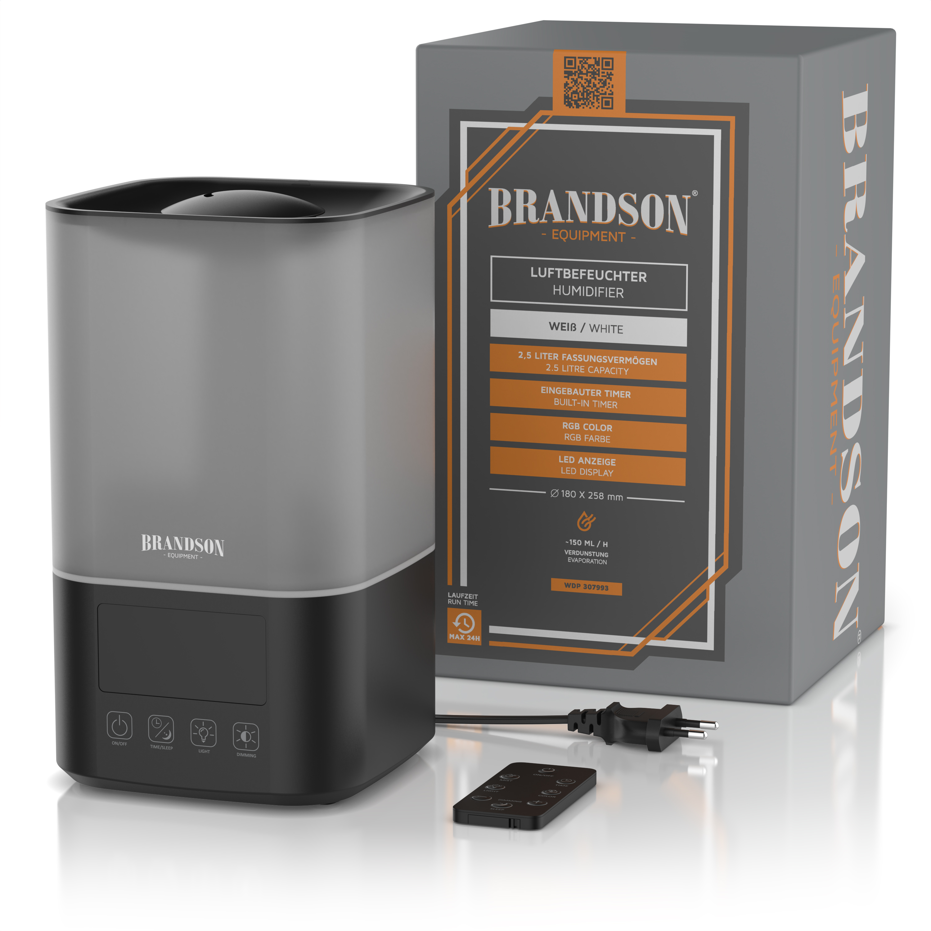 Luftbefeuchter von Brandson in Weiß und Schwarz mit elegantem Design, LED-Anzeige, Fernbedienung und im Hintergrund sichtbarer Verpackung.