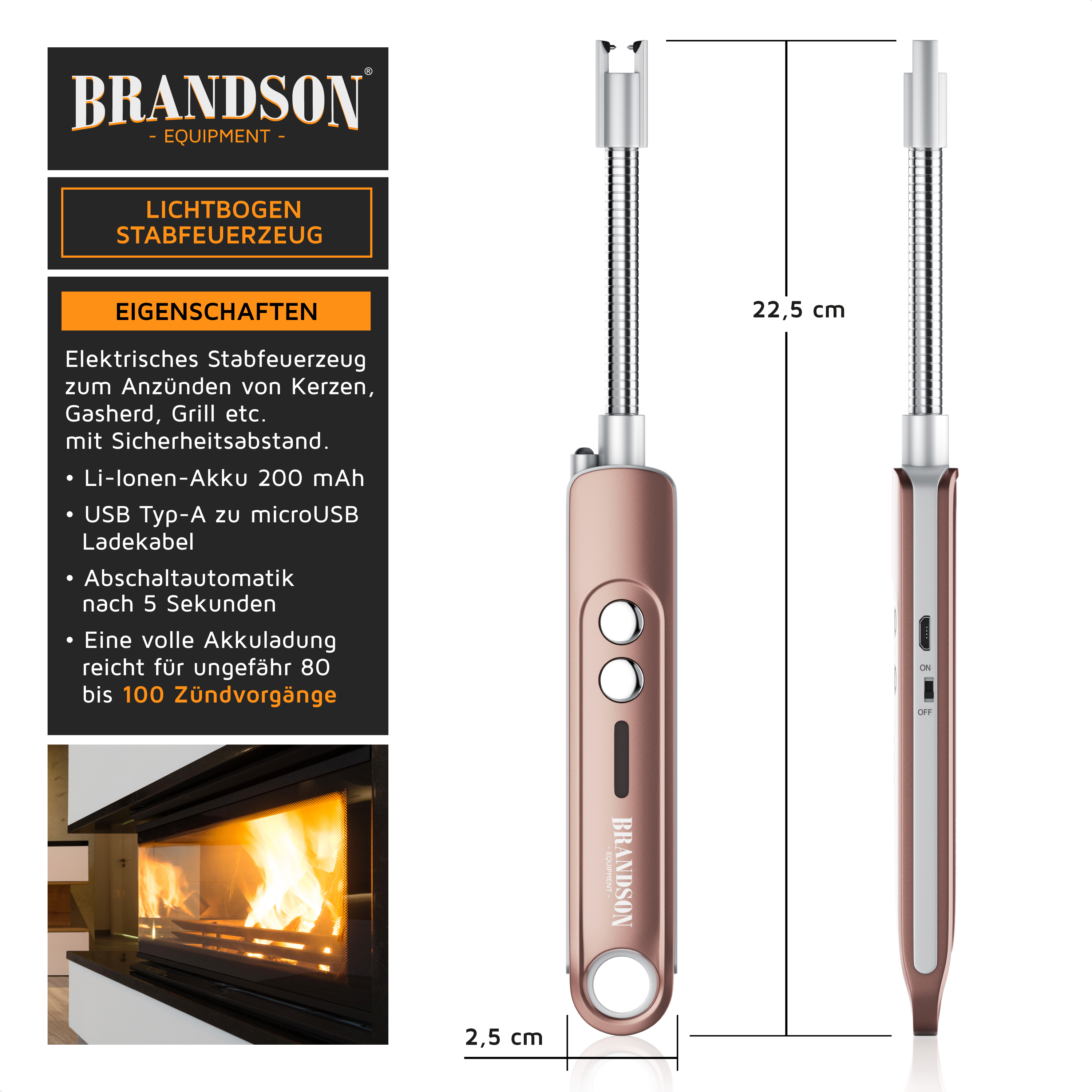 Brandson Lichtbogen-Stabfeuerzeug in Roségold mit flexiblem Hals, zwei Tasten und USB-Ladeanschluss, ideal zum Anzünden von Kerzen oder Grills.