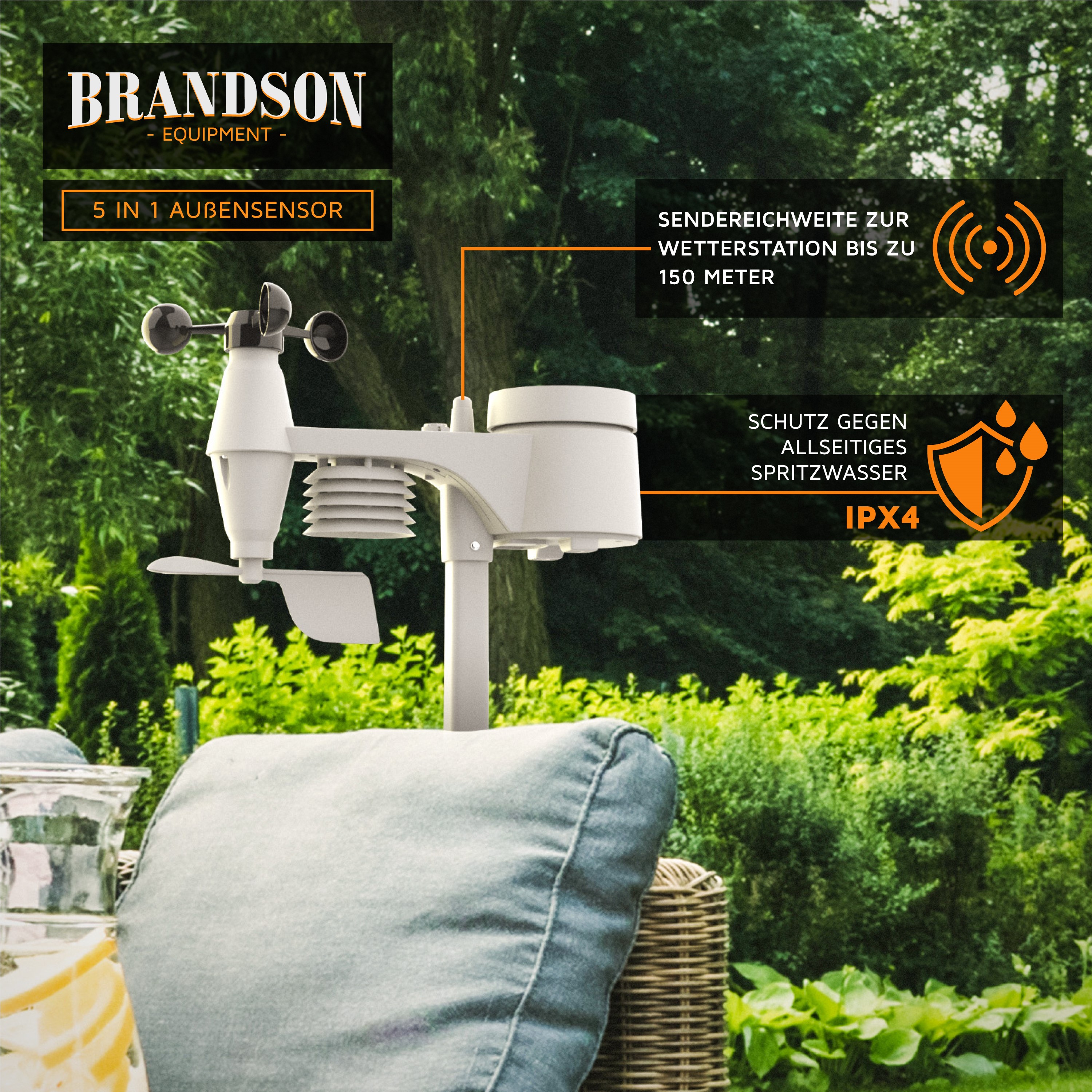 Brandson 5-in-1-Außensensor in Weiß mit elegantem Design, montiert auf einer Stange, geeignet für verschiedene Wetterbedingungen.