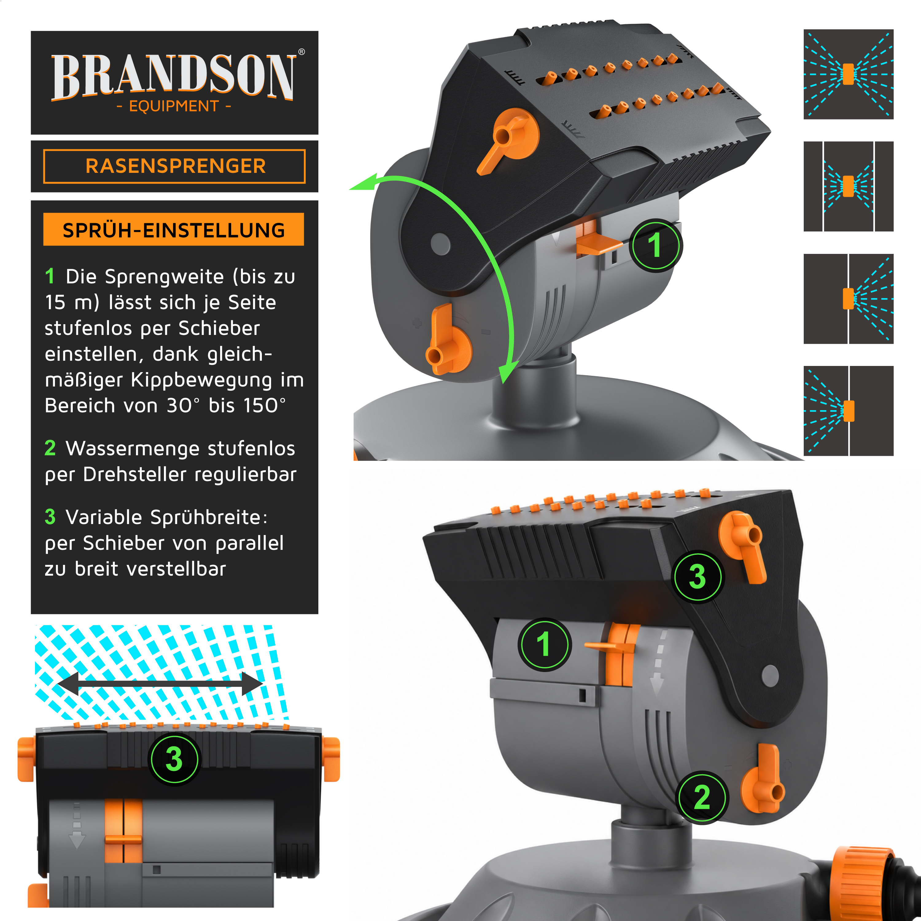 Brandson Rasensprenger mit einstellbarer Sprühbreite und Wasserregulierung, in grauer und orangefarbener Ausführung, für präzise Bewässerung.