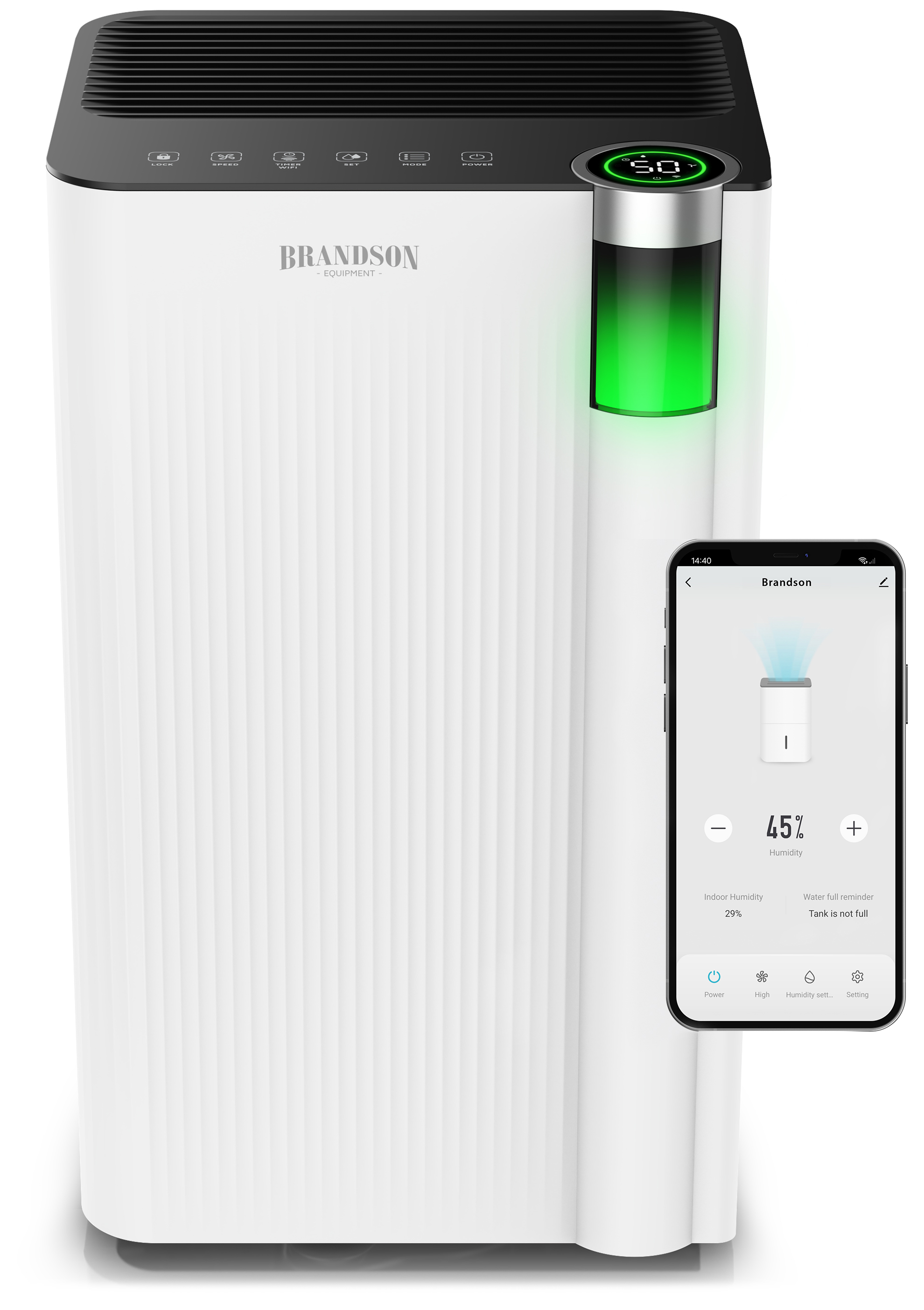 Mobiler Luftkühler von Brandson in Weiß mit Digitalanzeige und Fernbedienung, elegantem Design und sichtbarer Wassertankanzeige.