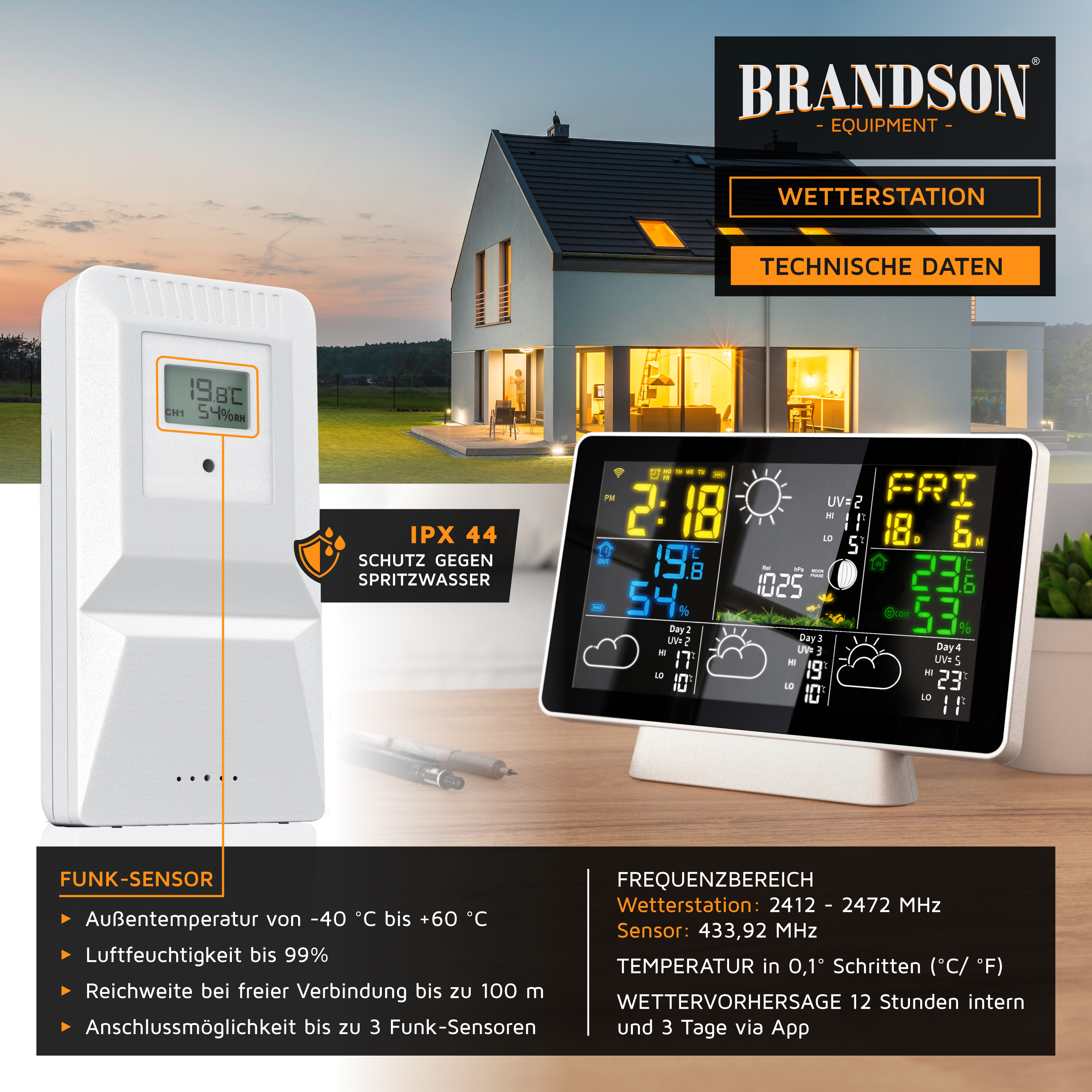 Brandson-Wetterstation mit digitalem Display zur Anzeige von Temperatur, Luftfeuchtigkeit und Wettervorhersage, elegantem Design und kabellosem Sensor.