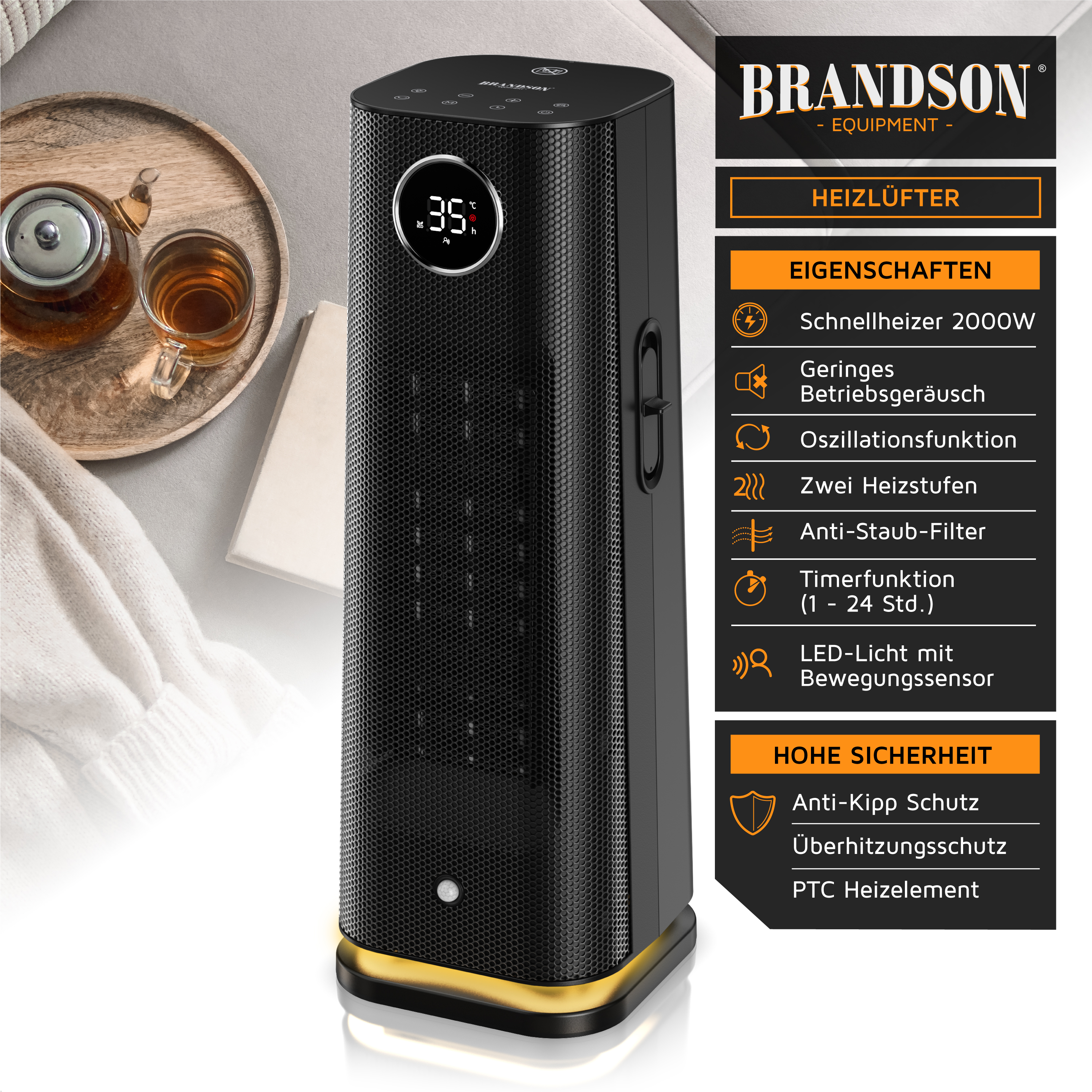 Brandson Heizlüfter in Schwarz mit digitalem Display, Bedienfeld, Griff und goldfarbenem Standfuß, ideal für den Einsatz im Wohnzimmer.