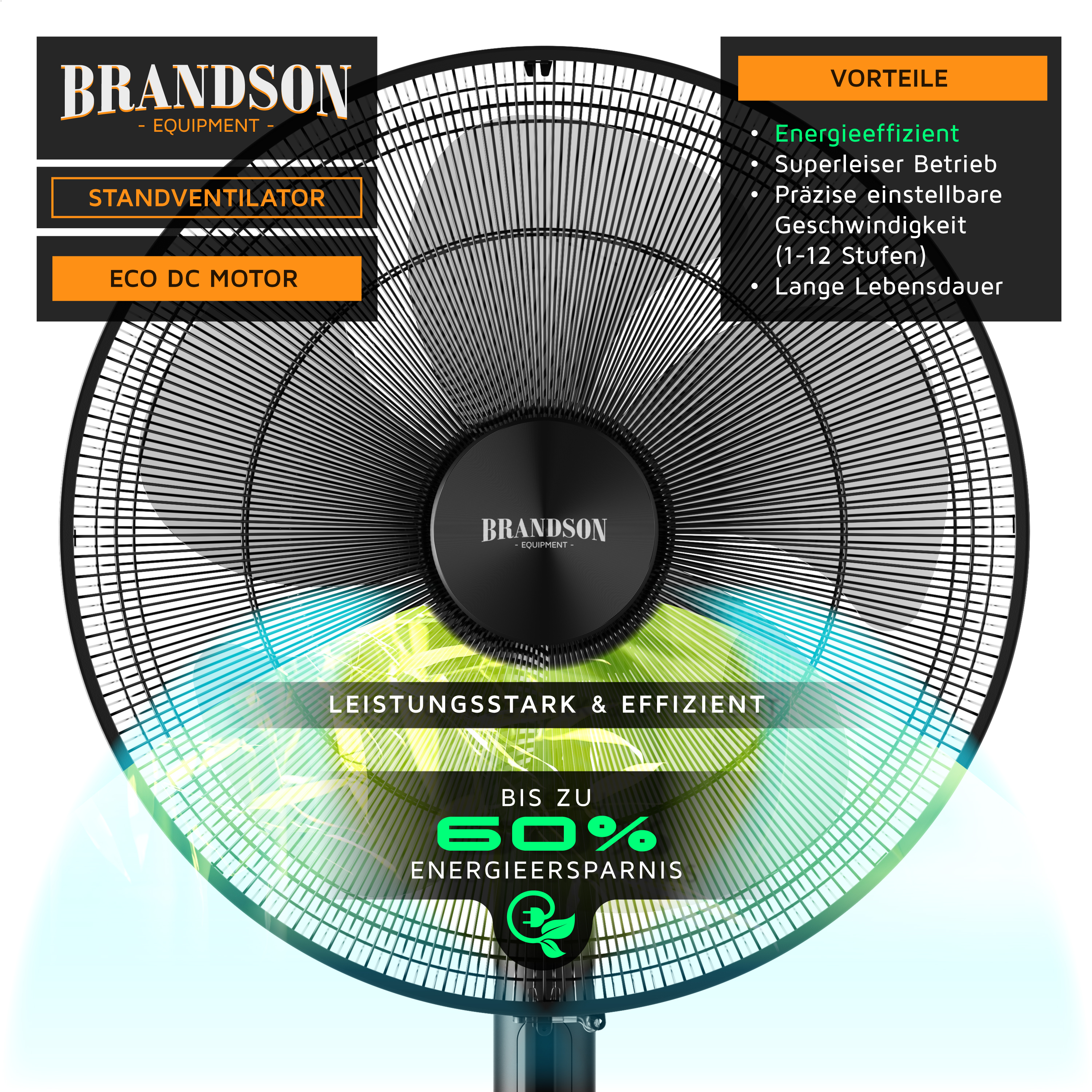 Brandson Standventilator mit schwarzem Gehäuse, präzise einstellbarer Geschwindigkeit und energieeffizientem ECO DC Motor.