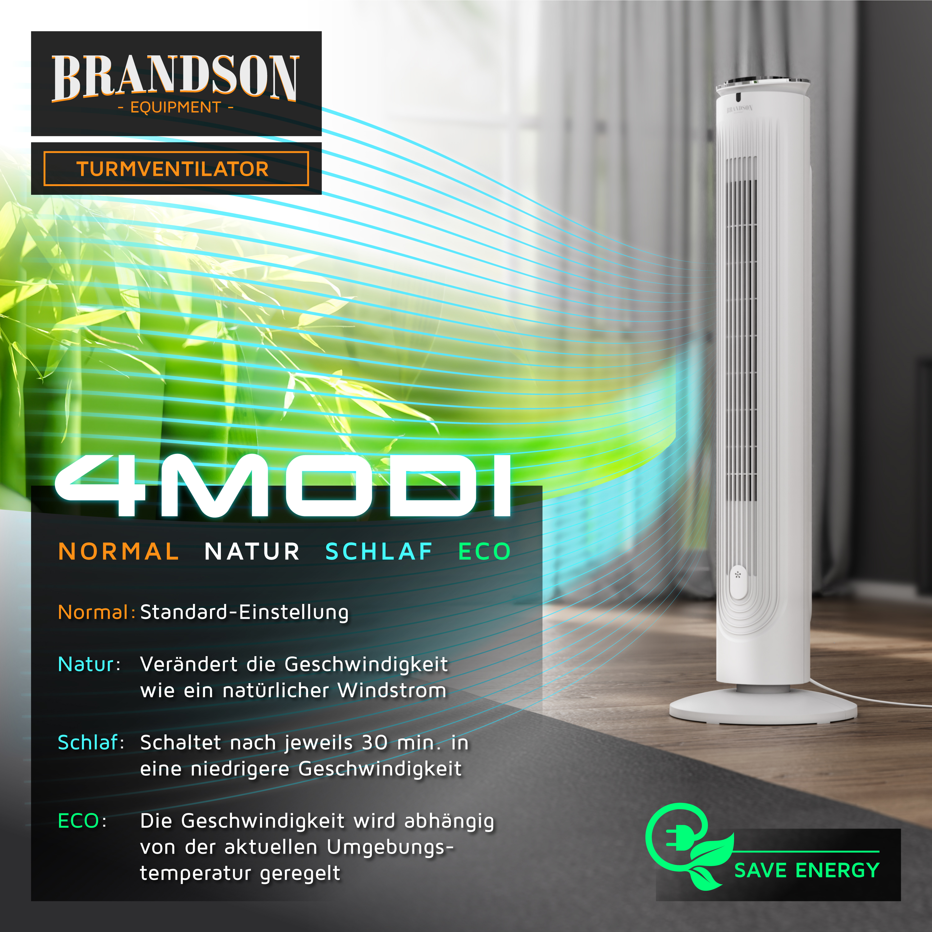 Brandson Turmventilator in Weiß mit Bedienfeld und vier Modi, geeignet für verschiedene Nutzungssituationen im Innenbereich.