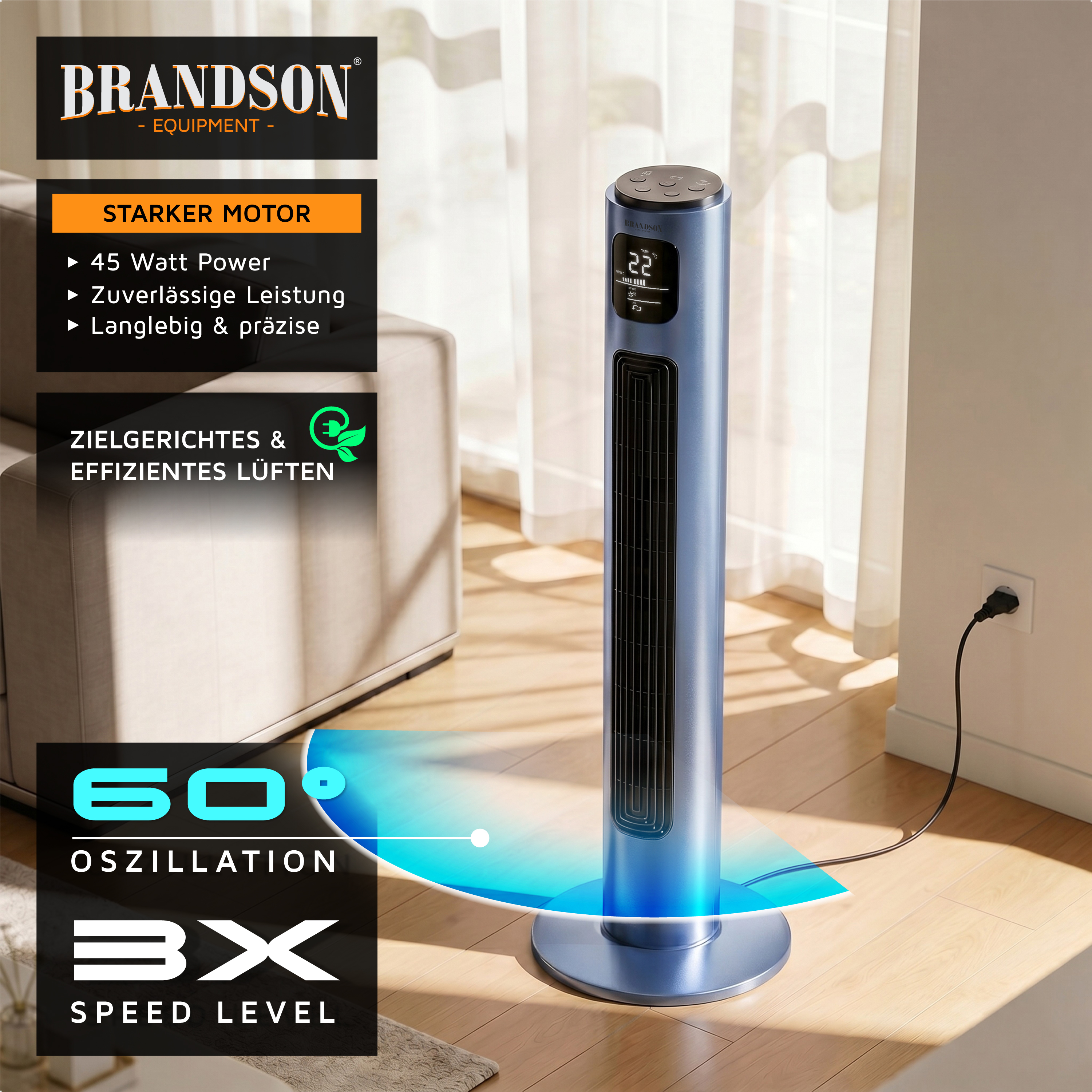 Brandson-Turmventilator im eleganten blauen Design mit Digitalanzeige und Bedienfeld, positioniert in einem hellen Wohnzimmer.