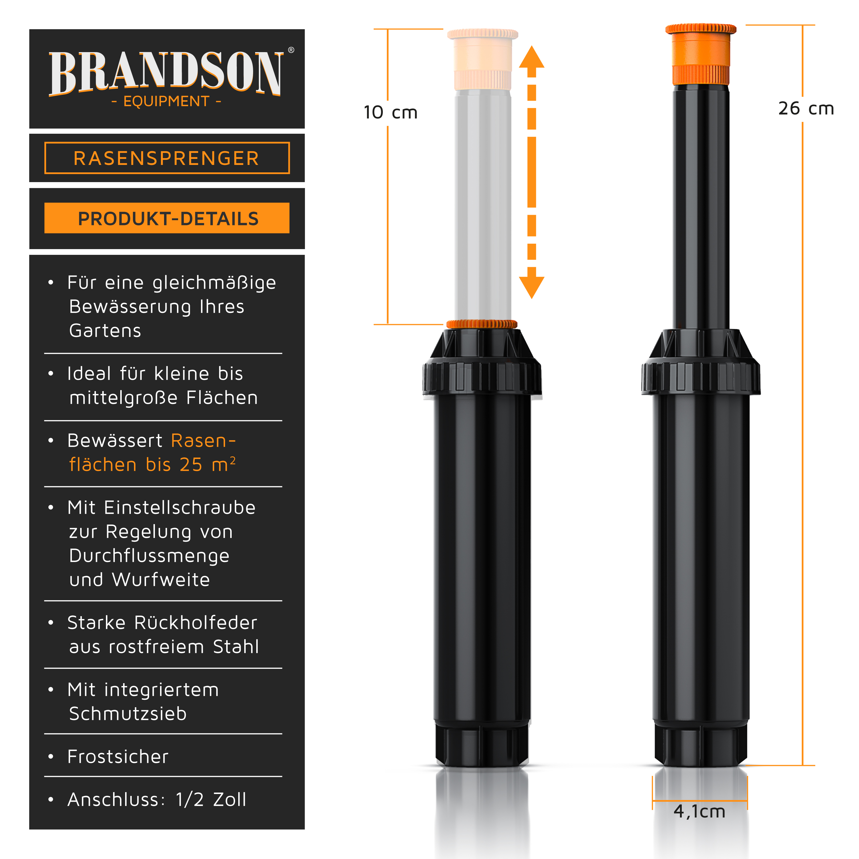 Brandson Rasensprenger in Schwarz mit verstellbarem Sprühkopf und Einstellschraube zur Regelung der Durchflussmenge.