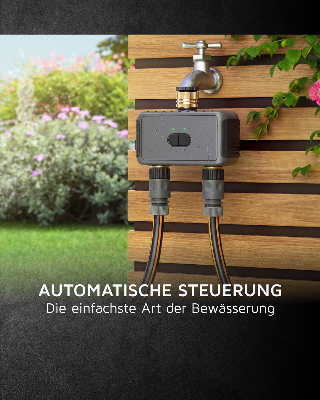 Brandson automatische Bewässerungssteuerung mit grauem Gehäuse, zwei Schläuchen und einem Bedienknopf, montiert an einem Wasserhahn.