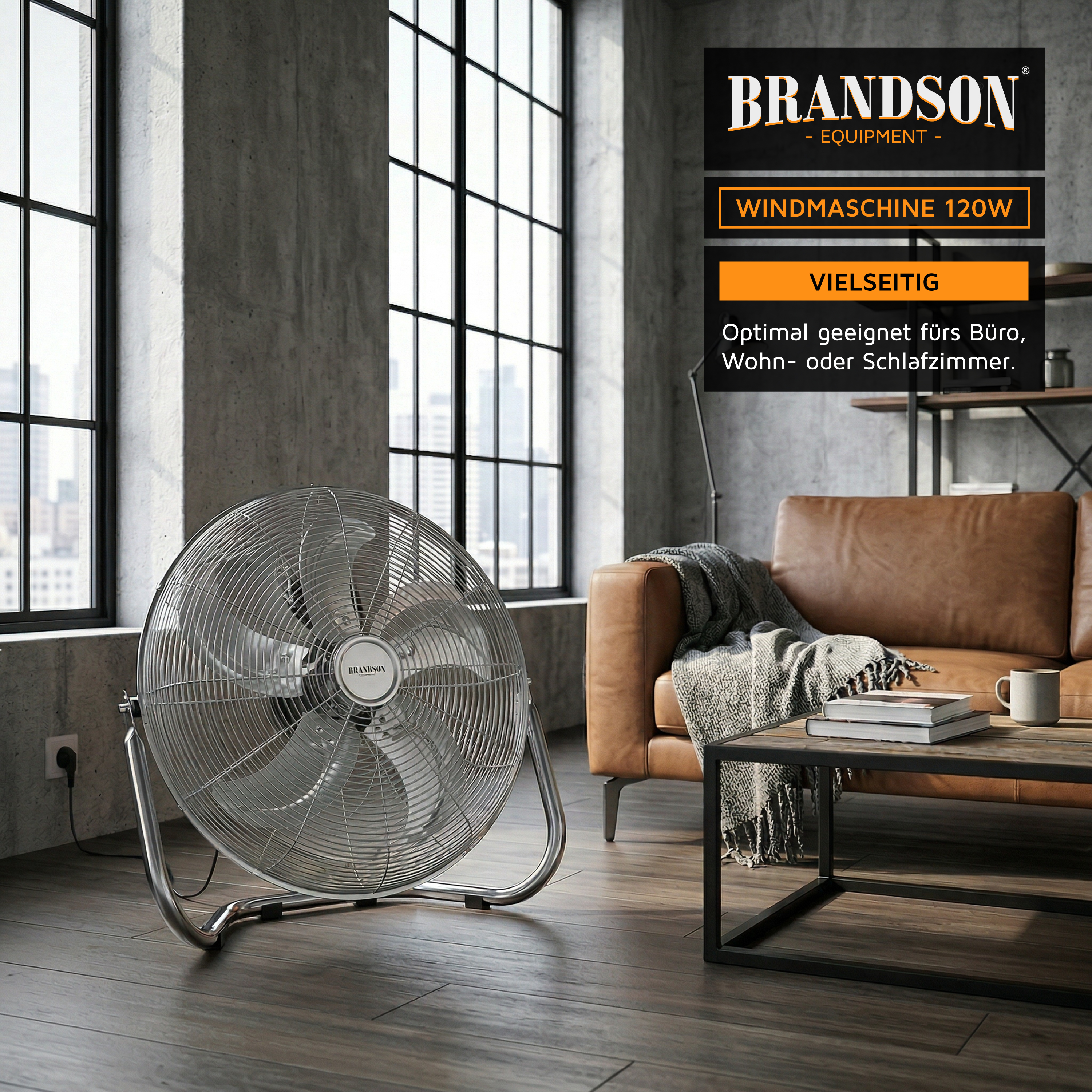 Brandson Windmaschine mit silbernem Metallgehäuse, stabiler Bauform und verstellbarem Neigungswinkel, ideal für Wohn- oder Büroräume.