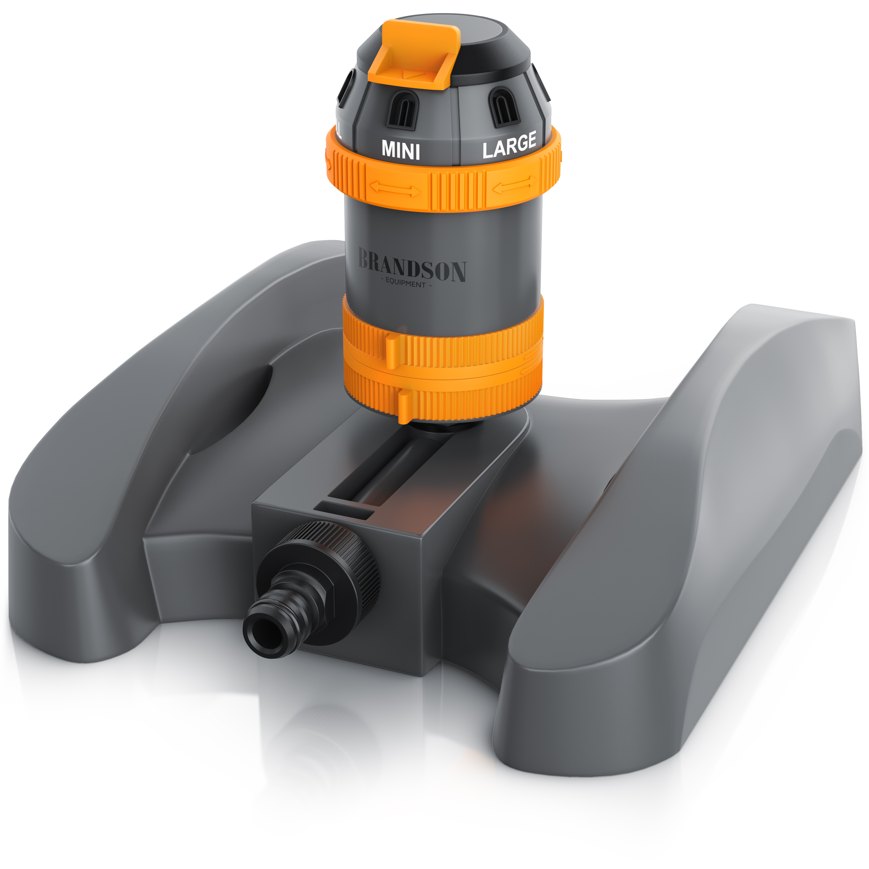 Brandson Sprinkler mit verstellbarem Kopf in Grau und Orange, geeignet für Mini- und Großflächenbewässerung.