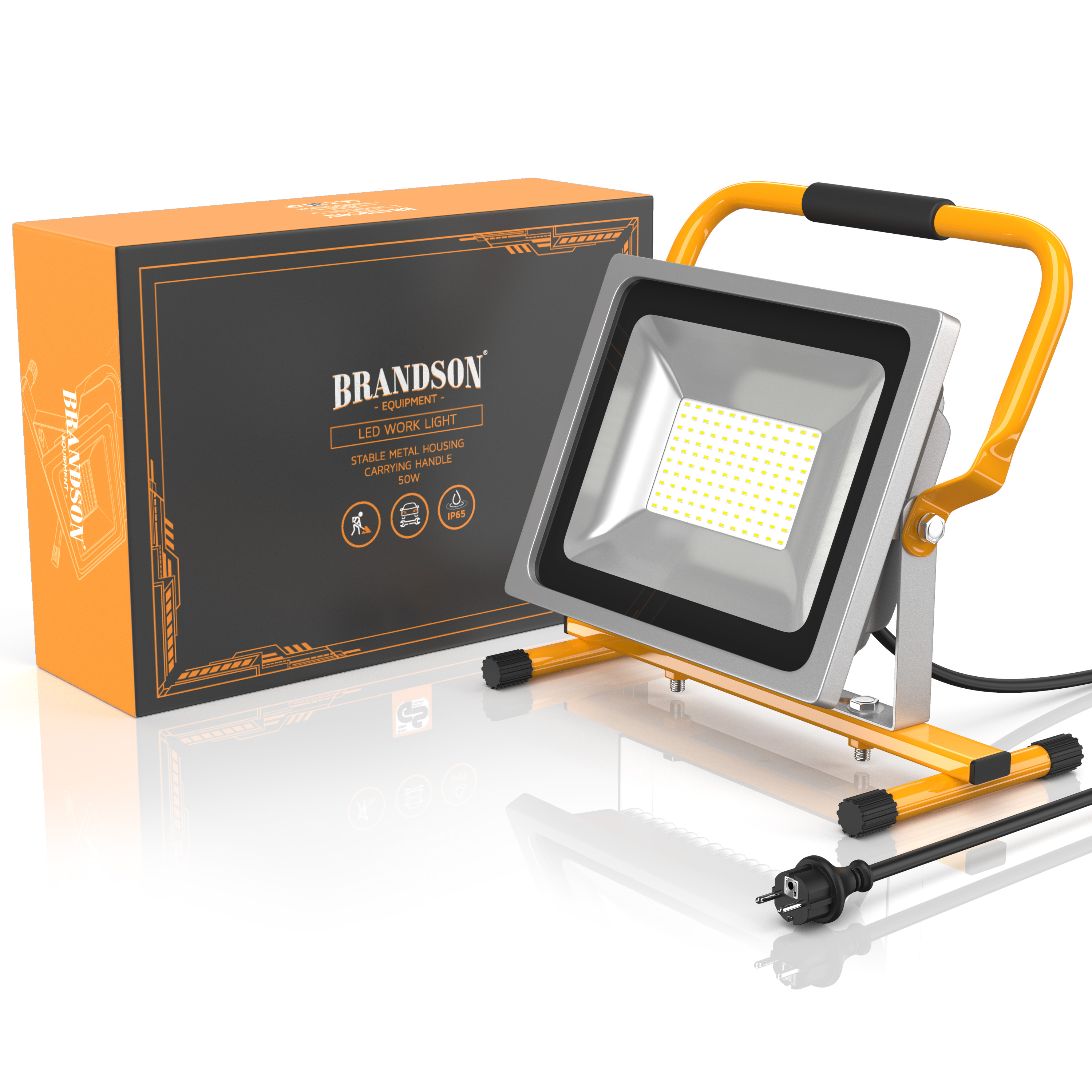 Brandson LED-Arbeitsleuchte mit stabilem Metallgehäuse, Tragegriff und sichtbarem Lichtpanel, verpackt in einer schwarz-orangefarbenen Box.