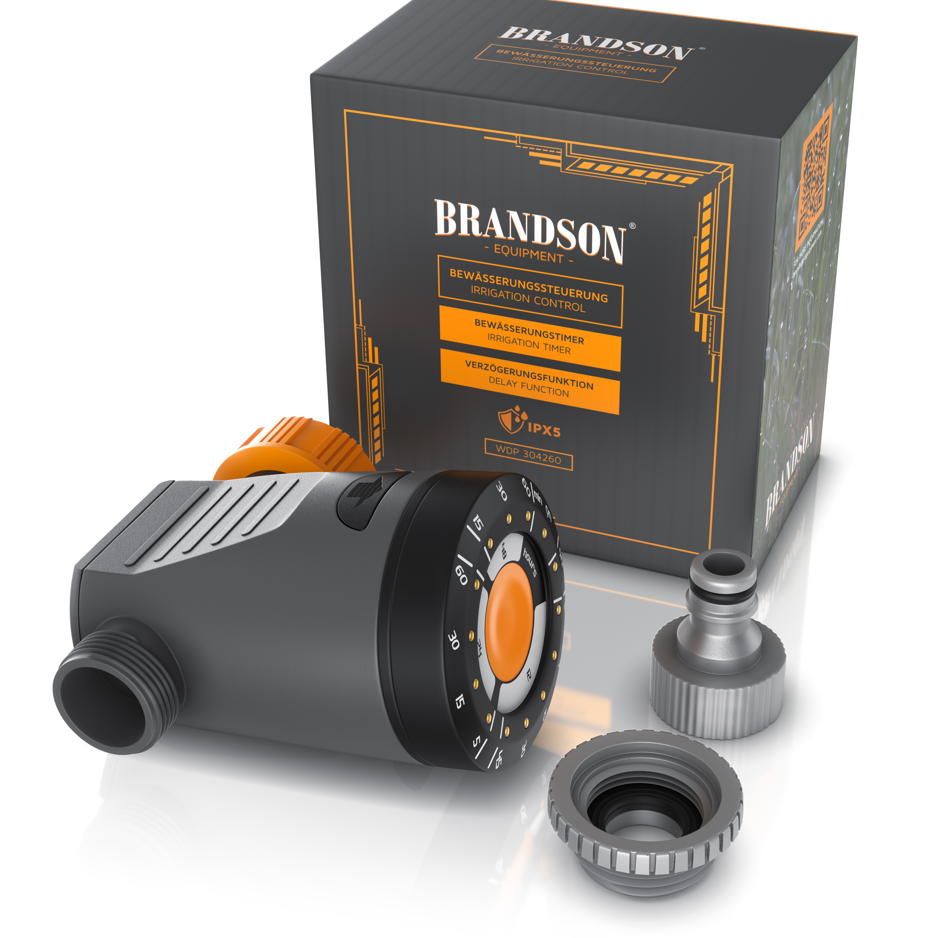 Brandson Bewässerungssteuerung mit Timer, graues Gehäuse, orangefarbener Drehknopf, Zubehörteile und Verpackung sichtbar.