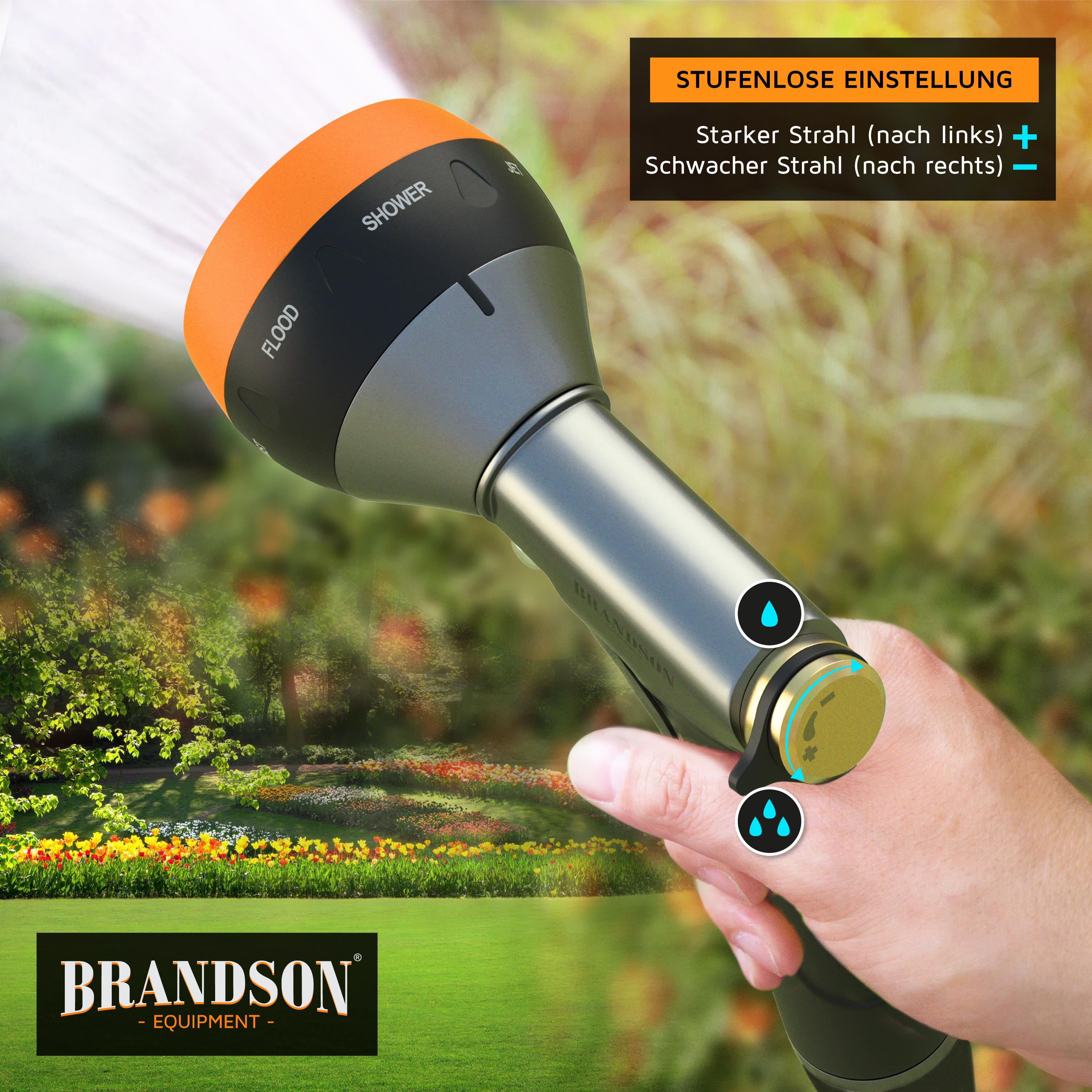 Brandson Gartenschlauchdüse mit stufenloser Einstellung, schwarzem und orangefarbenem Kopf, ergonomischem Griff und Wasserregler.