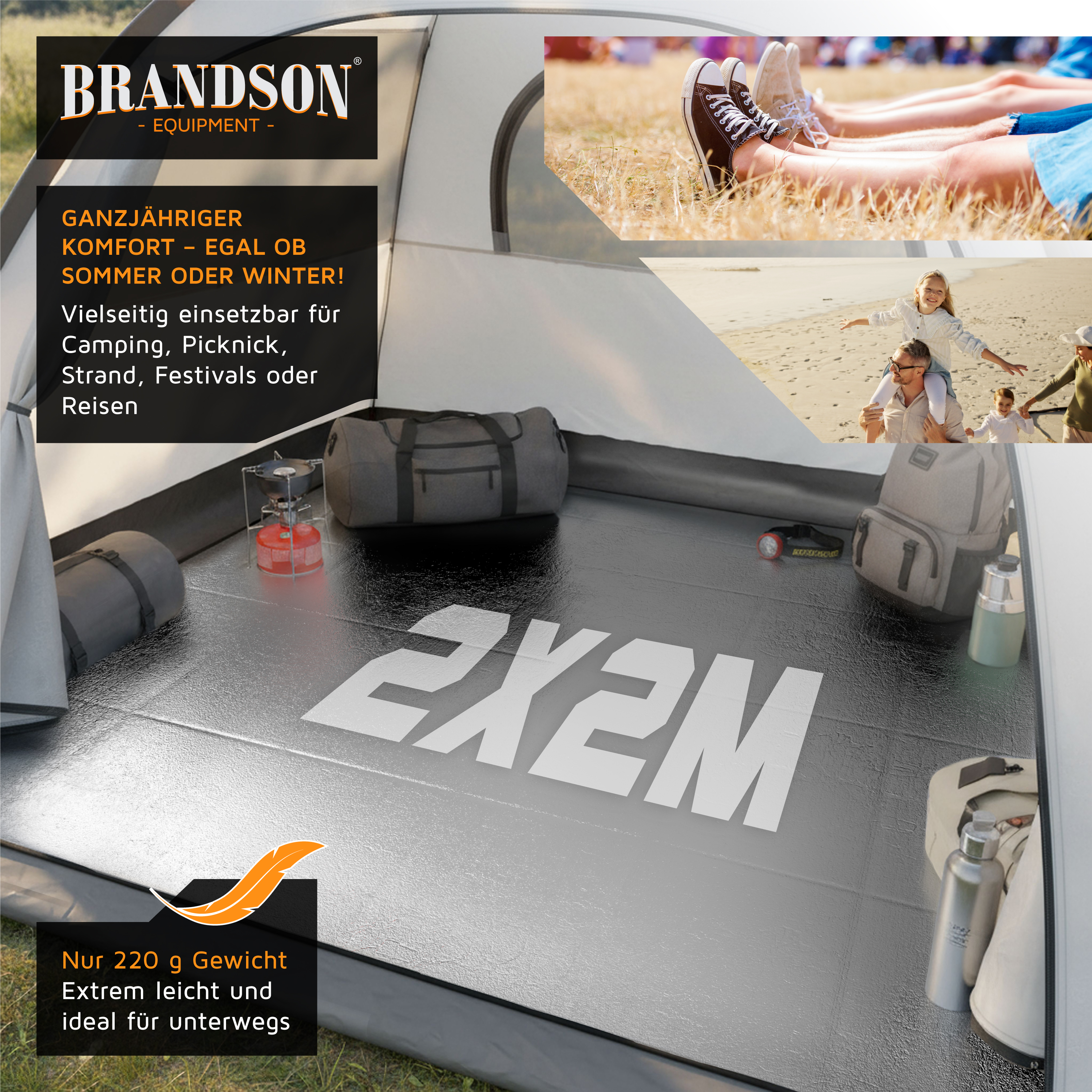 Brandson Campingmatte mit einer Größe von 2 x 2 Metern, leichtem Design und grauer Farbe, geeignet für Outdoor-Aktivitäten wie Camping und Picknicks.