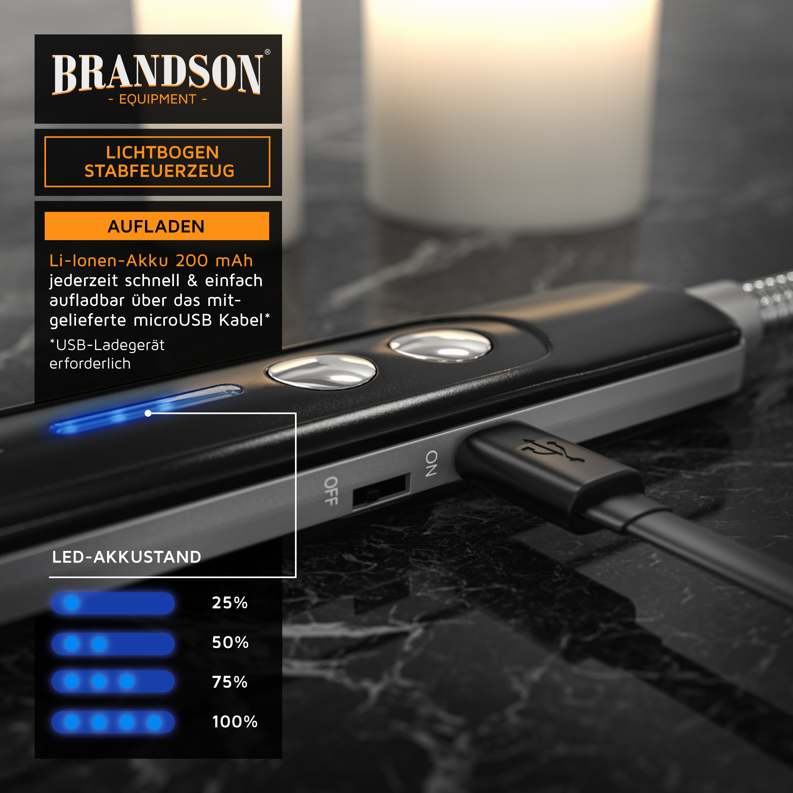 Brandson Lichtbogen-Stabfeuerzeug in Schwarz mit USB-Anschluss und LED-Akkustand-Anzeige auf einem marmorierten Tisch.