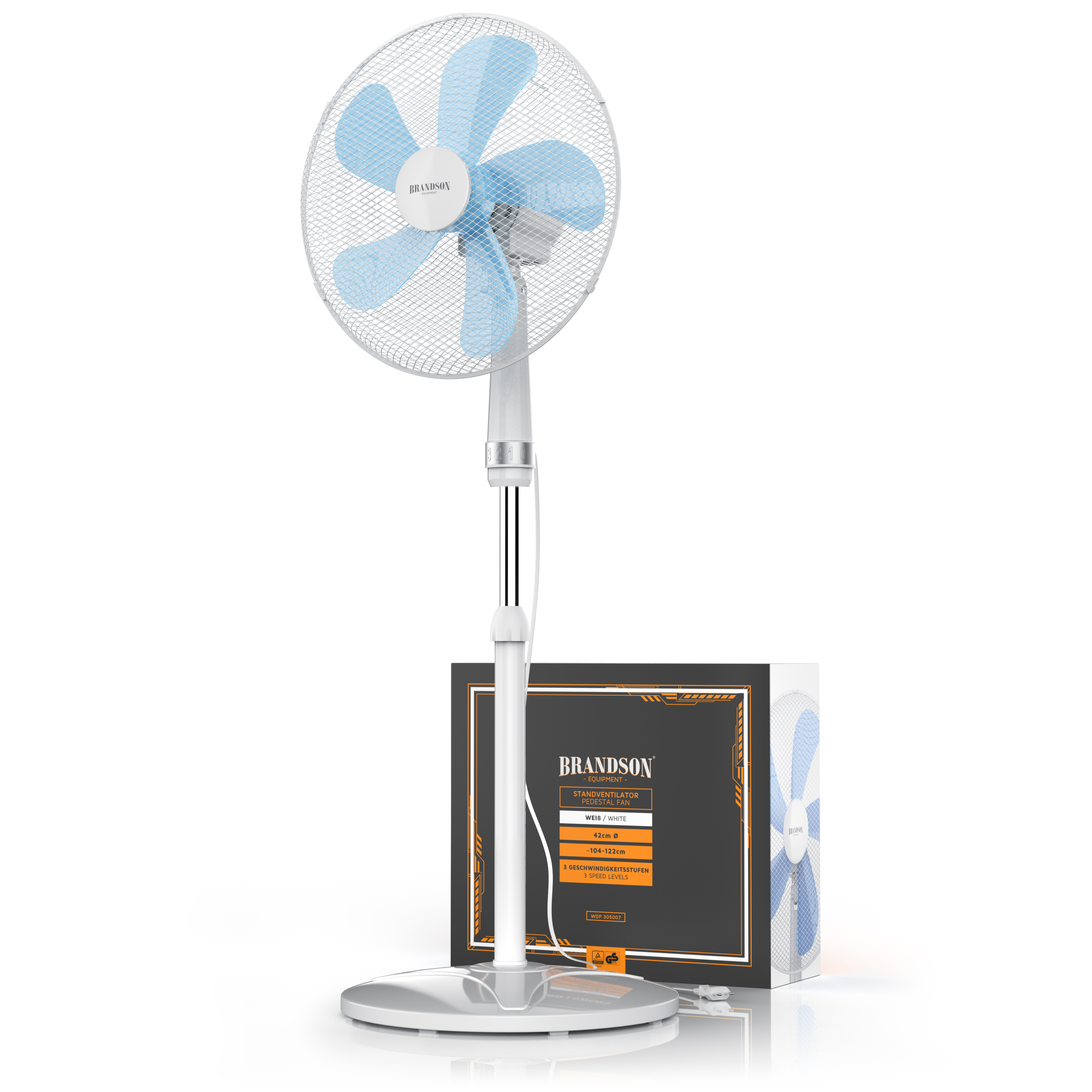 Standventilator von Brandson im weiß-blauen Design, mit Netzschutz, verstellbarer Höhe und stabiler Basis sowie Verpackung.