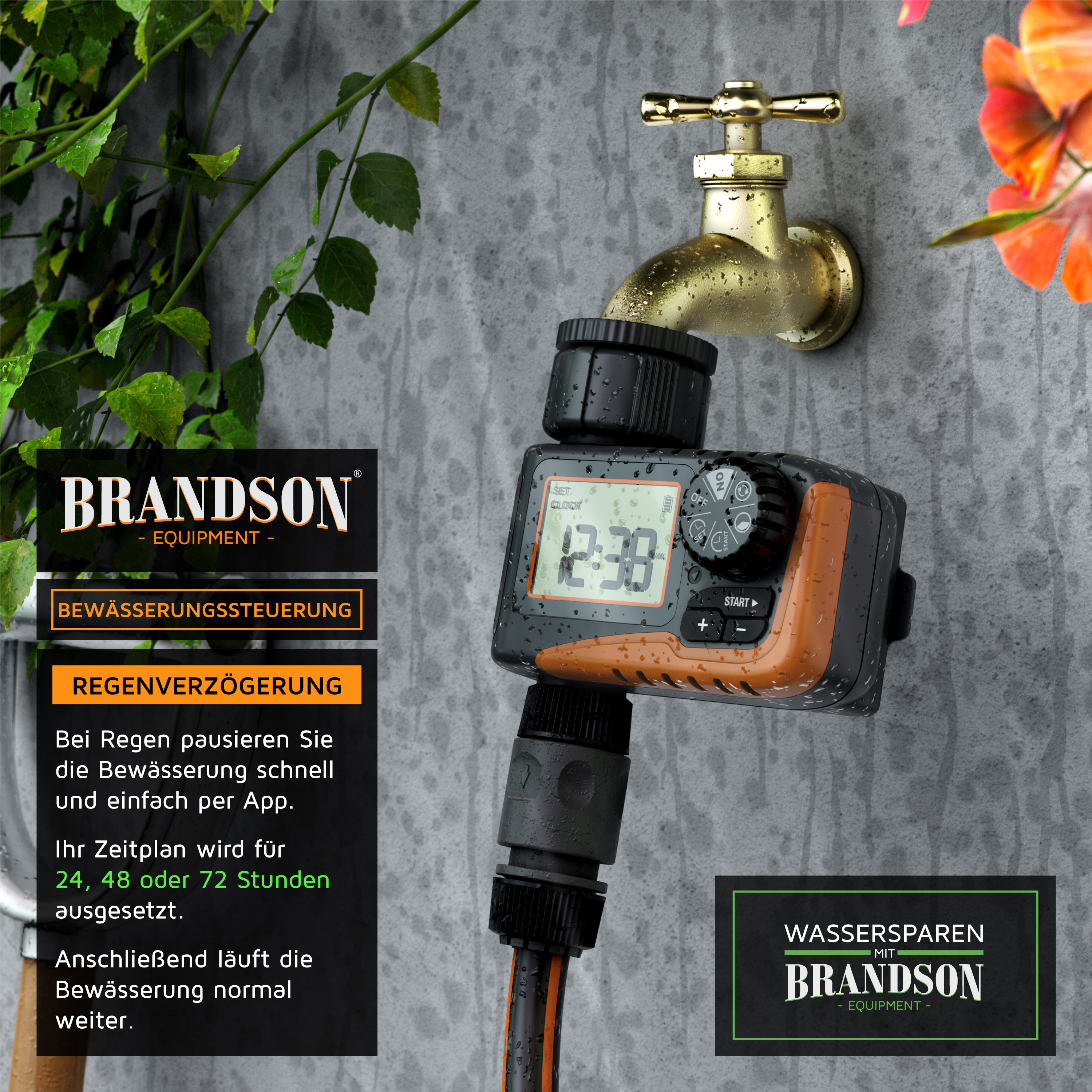Brandson Bewässerungssteuerung mit digitalem Display und Regensensor, montiert an einem Wasserhahn mit Pflanzen im Hintergrund.