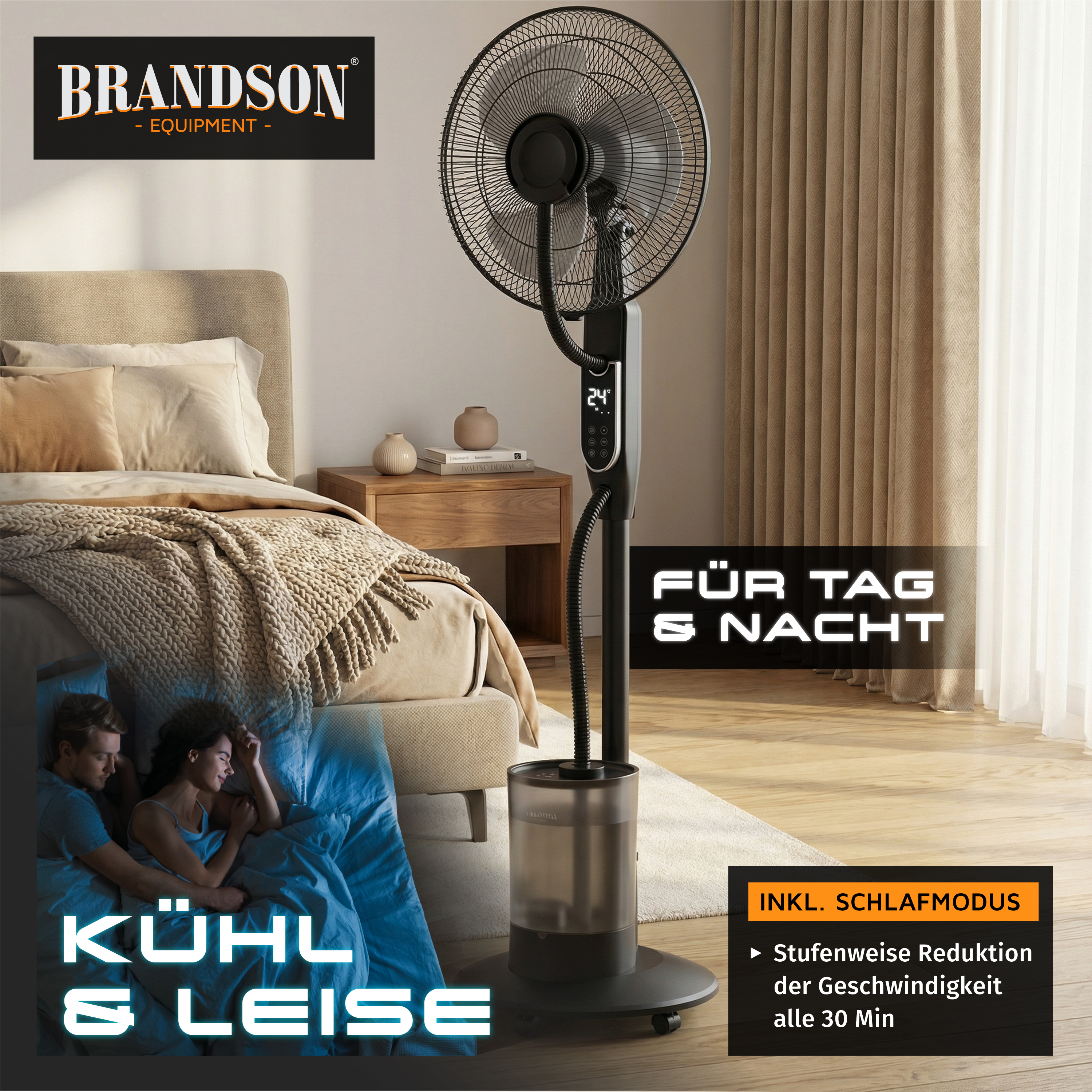 Brandson Standventilator mit elegantem schwarzem Design, Digitalanzeige und Fernbedienung, platziert neben einem Bett in einem gemütlichen Schlafzimmerambiente.