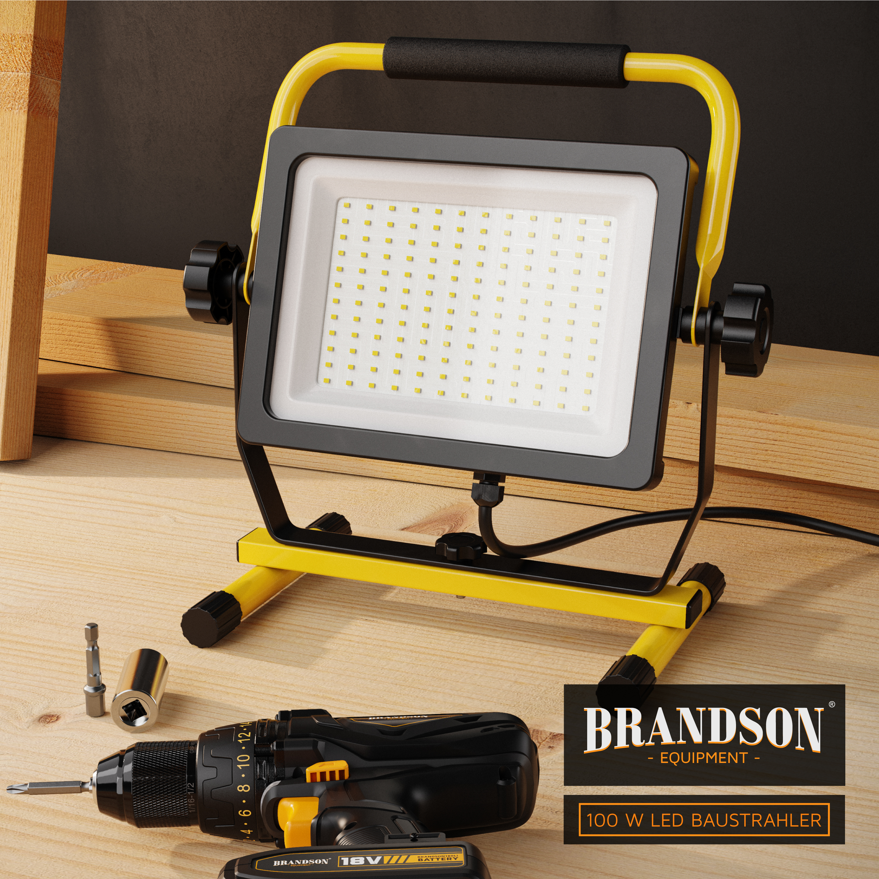 Brandson LED-Bauleuchte mit stabilem gelben Rahmen, verstellbarem Winkel und hellem Lichtpaneel, platziert auf einer Holzoberfläche.