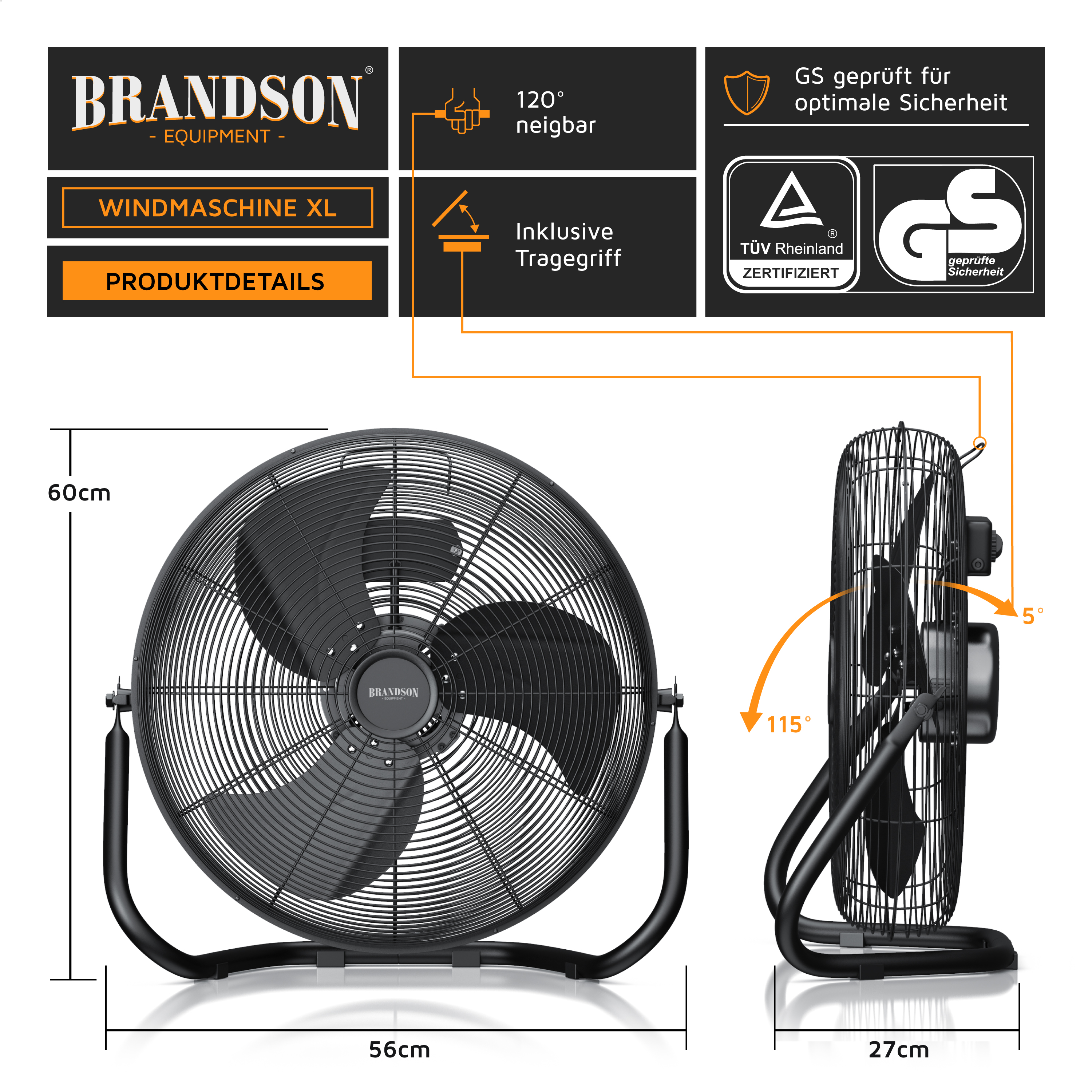 Brandson Windmaschine XL mit schwarzem Metallgehäuse, neigbarem Kopf, Tragegriff und stabiler Standbasis.
