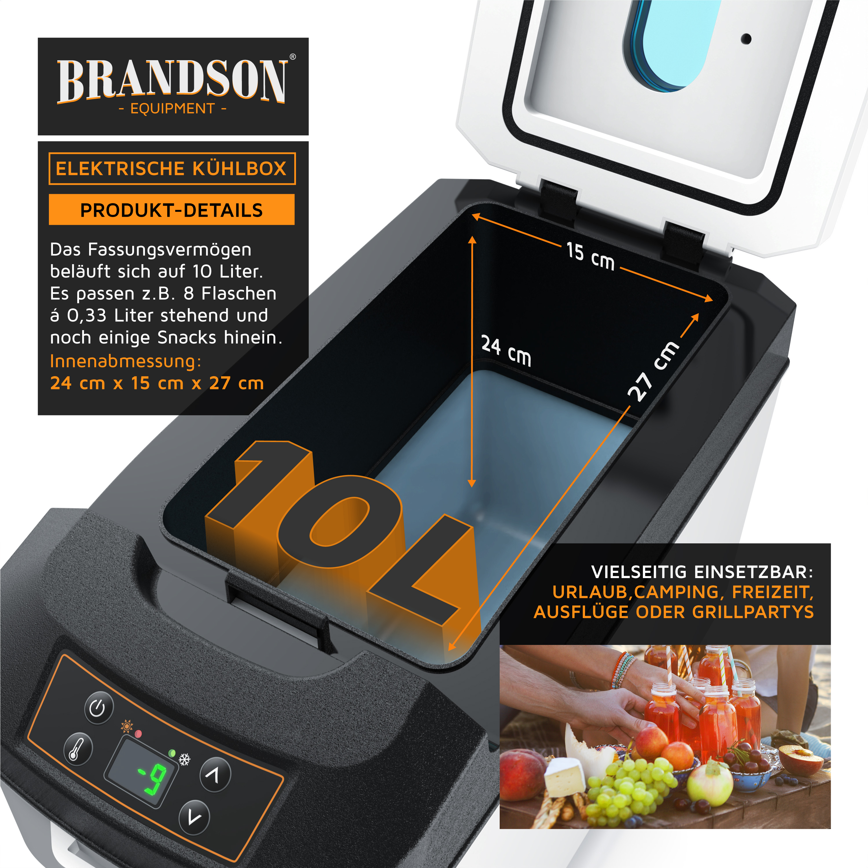 Brandson elektrische Kühlbox mit 10 Liter Fassungsvermögen, schwarzem Gehäuse, digitalem Bedienfeld und transparenter Innenfläche.