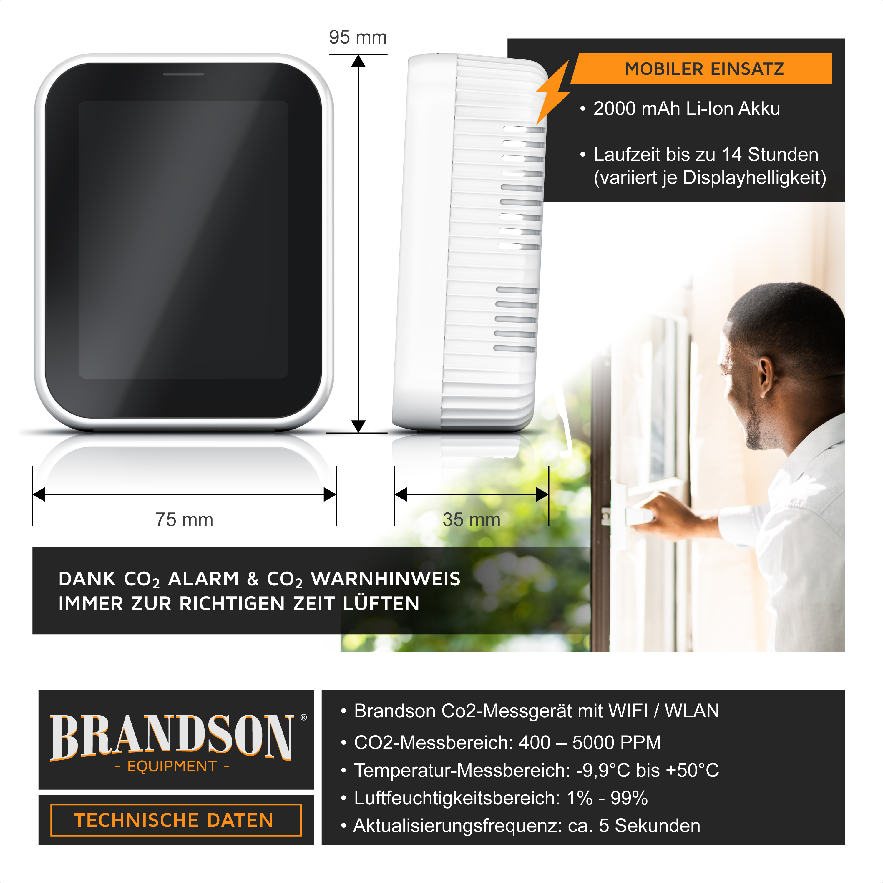 Brandson CO2-Messgerät in Weiß mit schwarzem Display, geeignet für den mobilen Einsatz, zeigt CO2-Werte und Temperatur an.