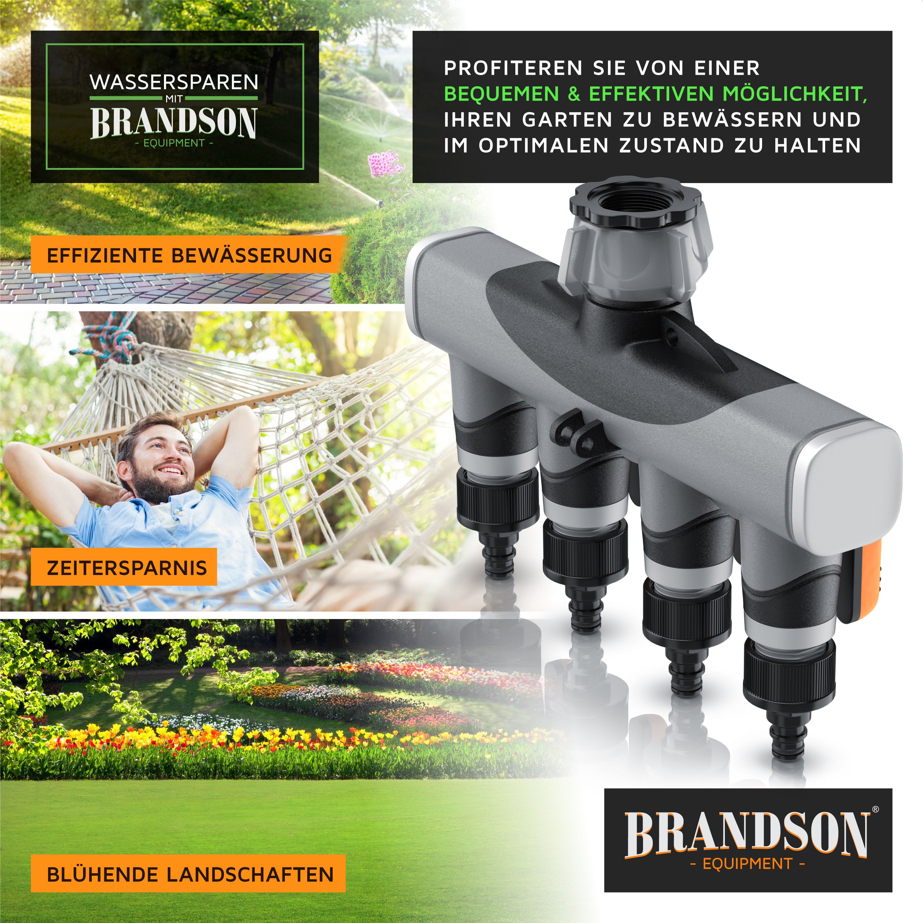 Brandson Bewässerungsgerät mit mehreren Ausgängen, grauem Gehäuse und schwarzen Anschlüssen, ideal für die Gartenbewässerung.
