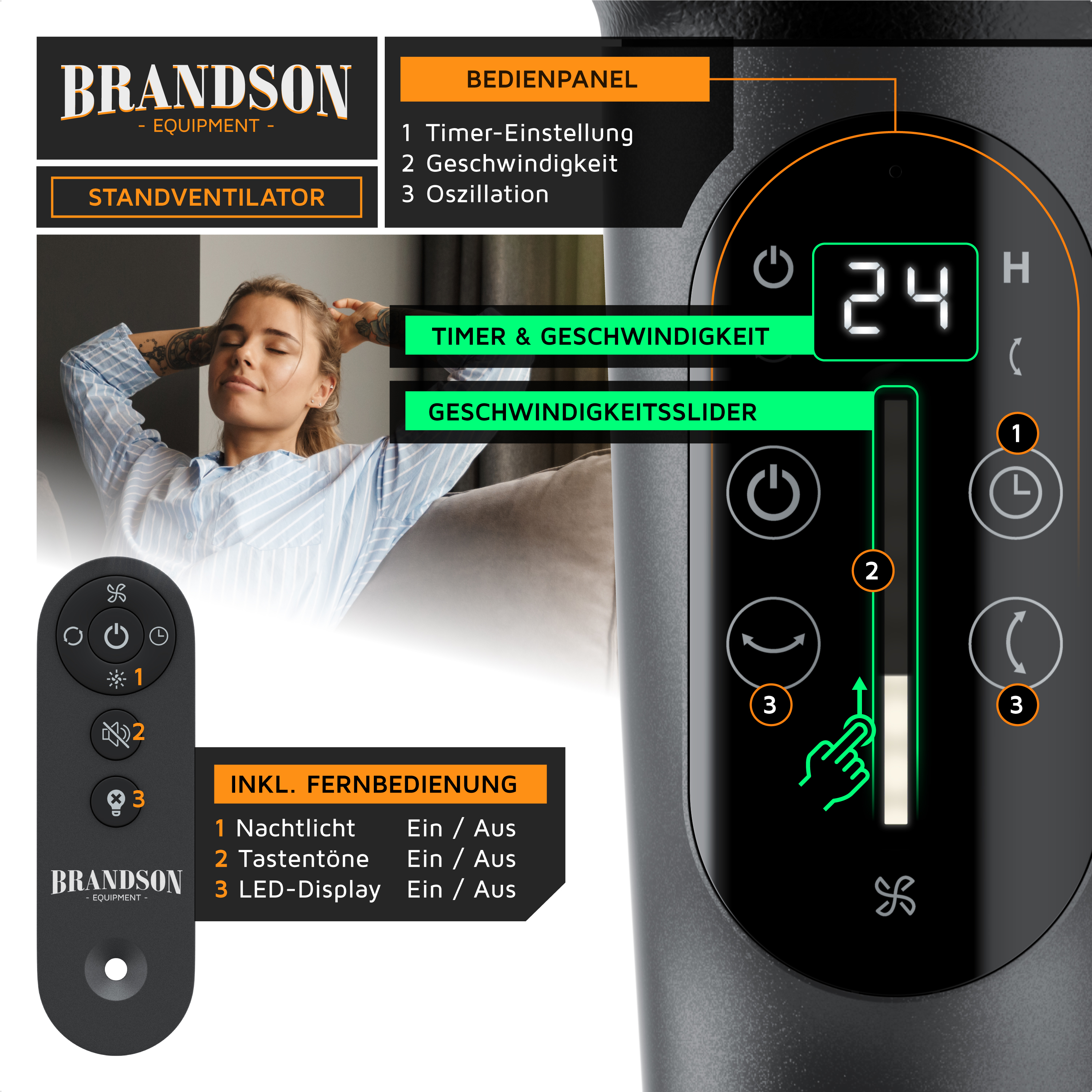 Standventilator von Brandson mit schlankem Design, schwarzer Oberfläche, LED-Anzeige und Fernbedienung mit Anzeige von Timer- und Geschwindigkeitseinstellungen.