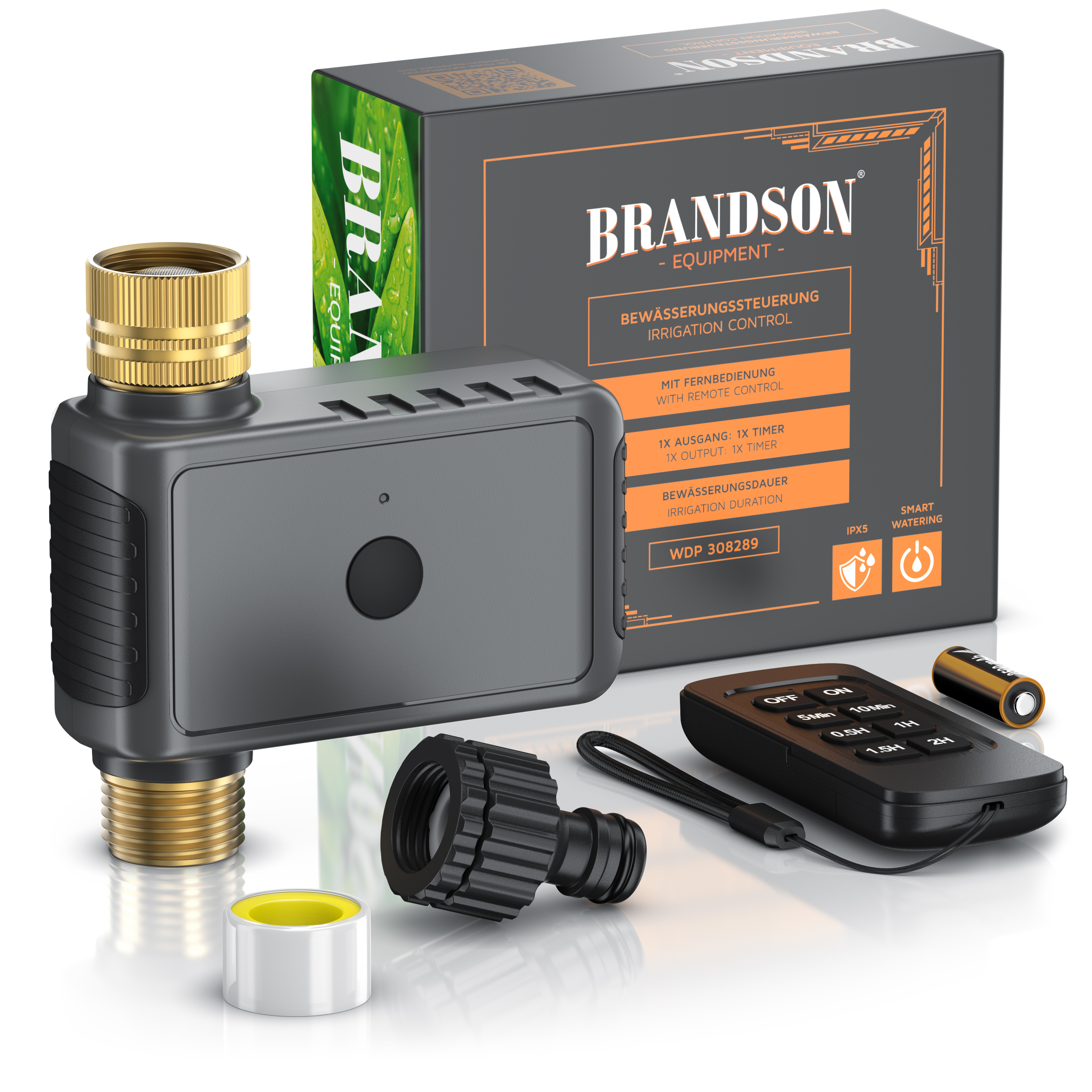 Brandson Bewässerungssteuerung in grau mit Fernbedienung, Anschlussstücken und Verpackung, ideal für automatisierte Gartenbewässerung.