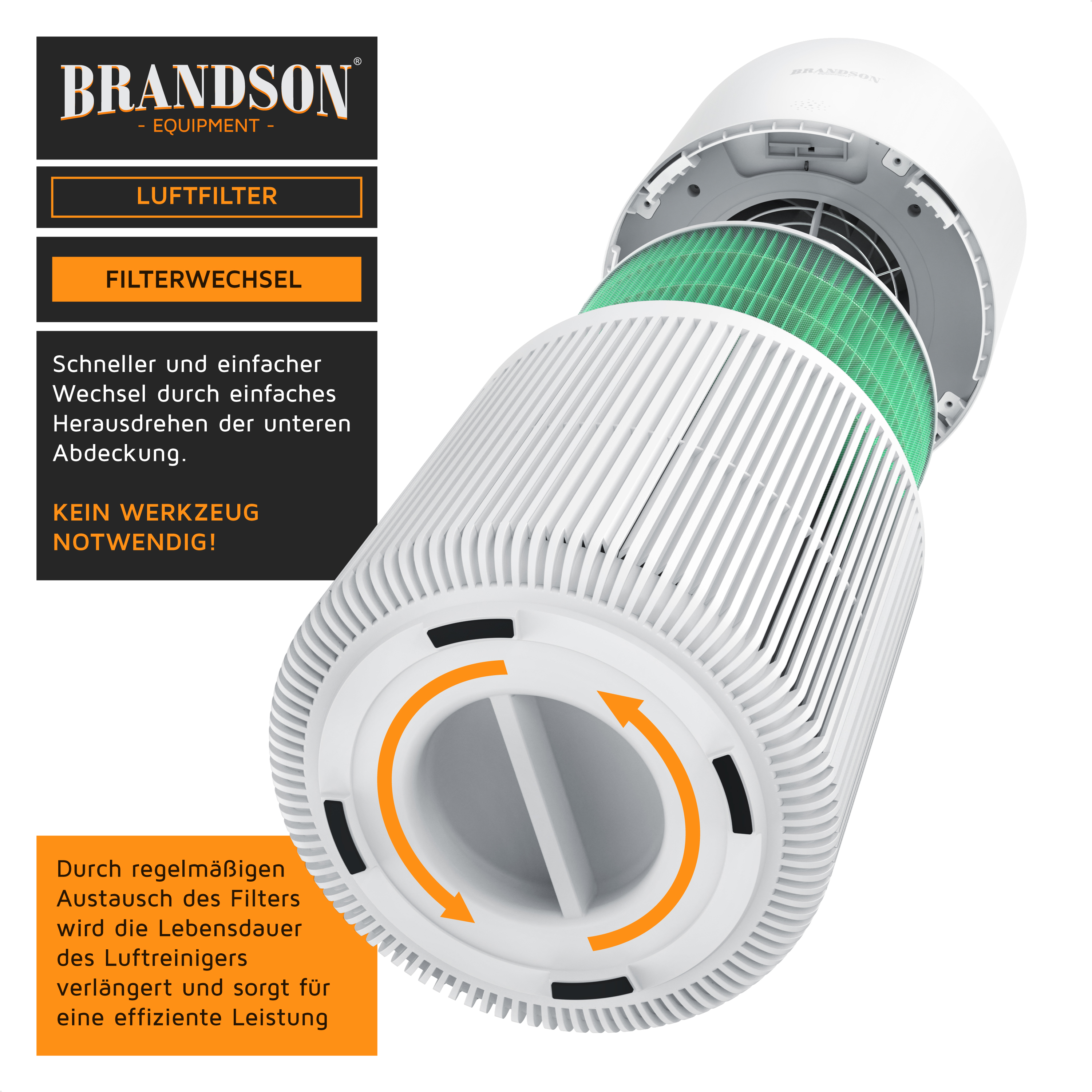 Brandson Luftfilter mit grünem Filtereinsatz, einfache Handhabung durch drehbare Abdeckung für schnellen Filterwechsel.