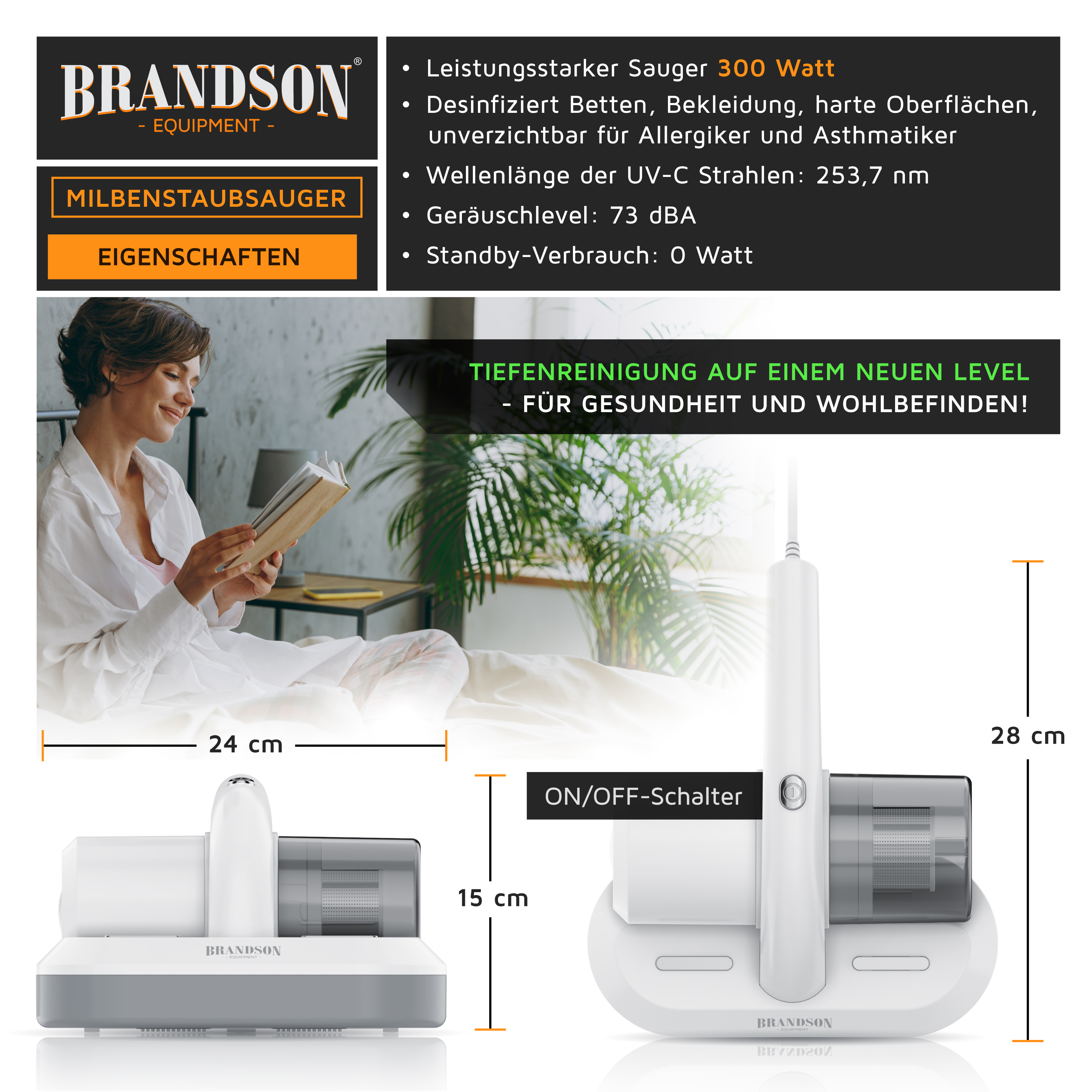 Brandson Milbenstaubsauger mit ON/OFF-Schalter, kompaktem Design in Weiß, ideal zur Desinfektion von Betten und Oberflächen.