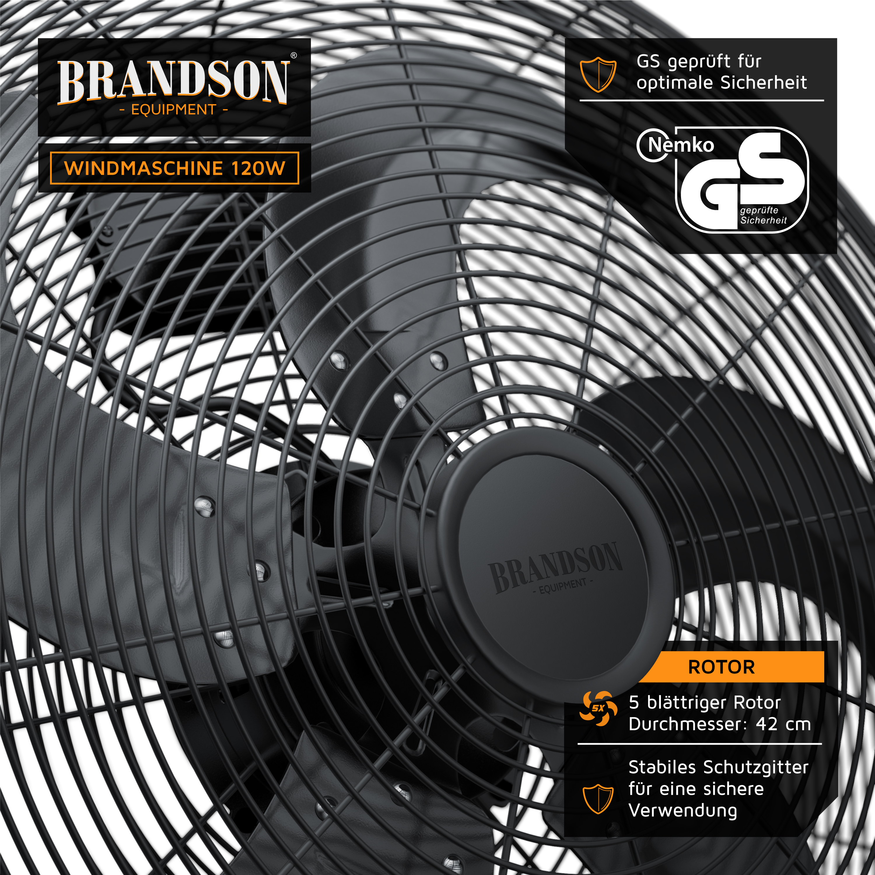 Brandson Windmaschine mit 5-blättrigem Rotor in Schwarz, stabiles Schutzgitter für sichere Verwendung, 42 cm Durchmesser.