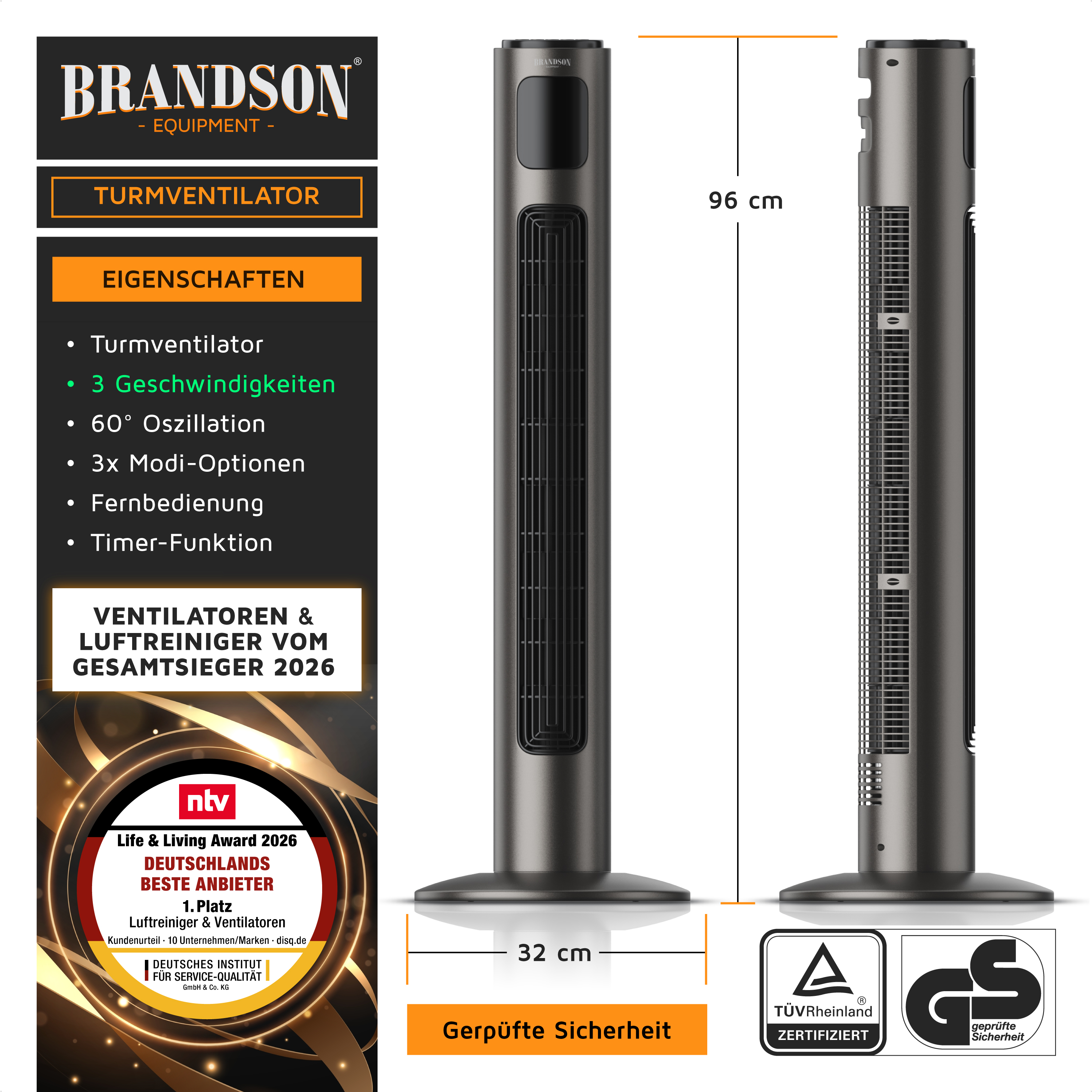 Brandson Turmventilator in Schwarz mit 96 cm Höhe, 60° Oszillation, Fernbedienung und Timer-Funktion, stabiler Standfuß.