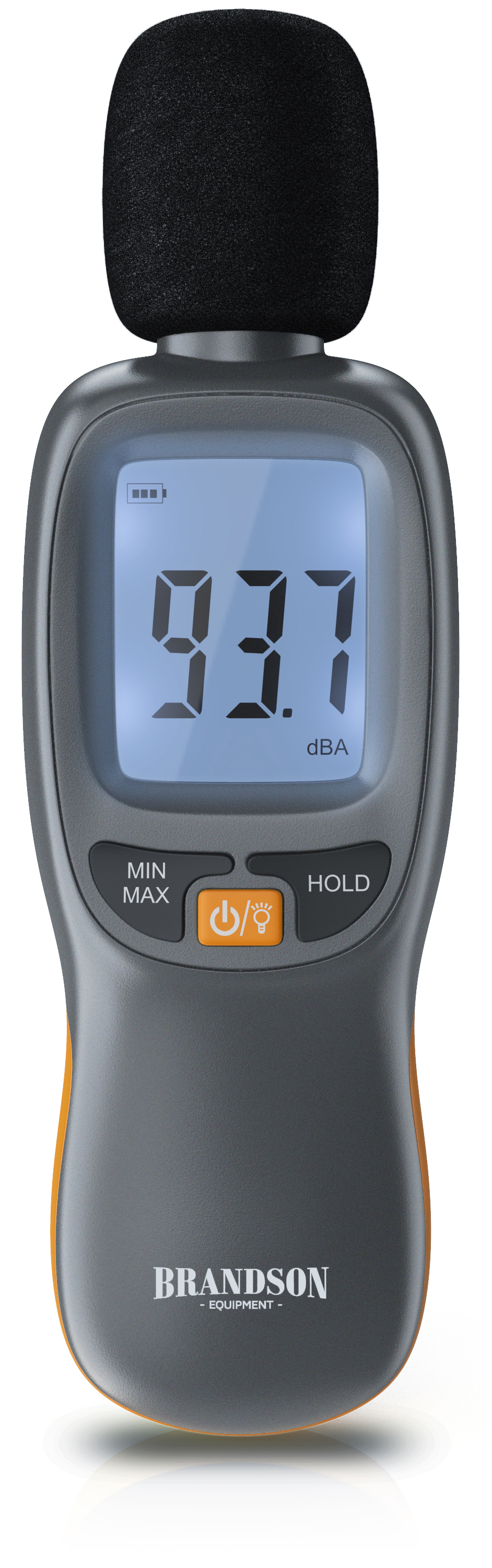 Brandson Schallpegelmesser mit digitalem Display, grauem Gehäuse, Hold-Funktion und Tasten für Min/Max.