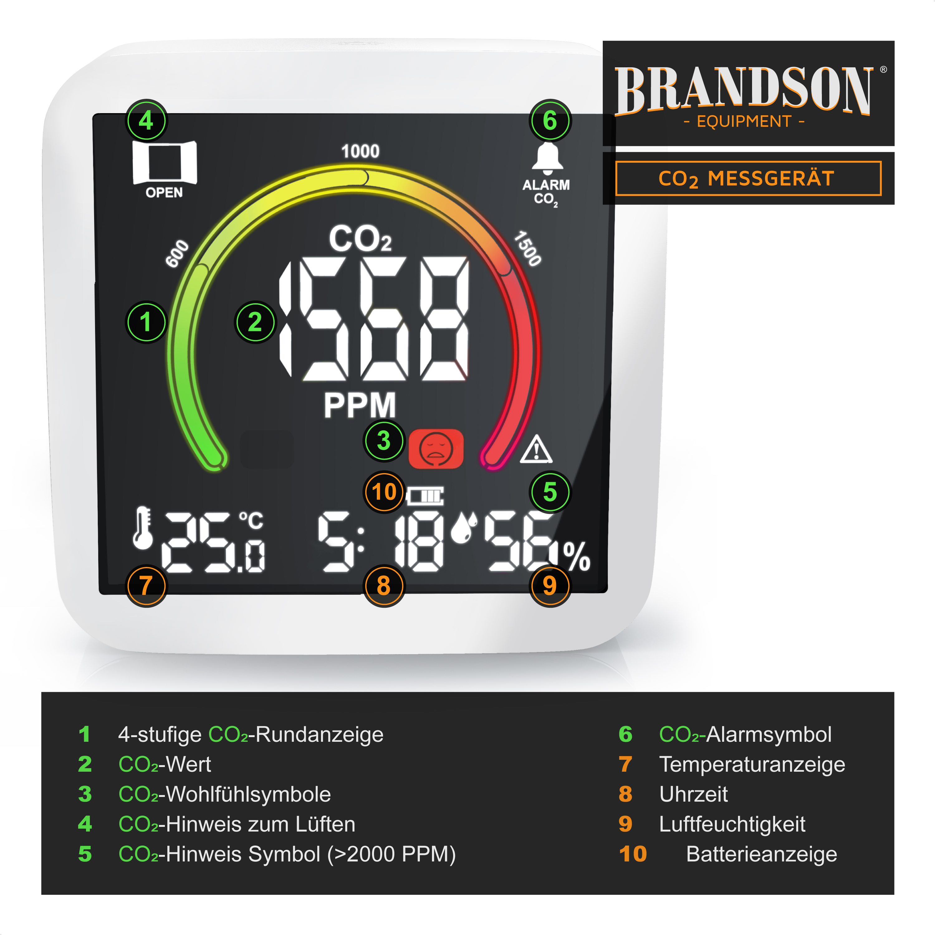 Brandson CO2 Messgerät mit digitalem Display, CO2-Wertanzeige, Temperatur- und Luftfeuchtigkeitsanzeige sowie Alarmfunktion.