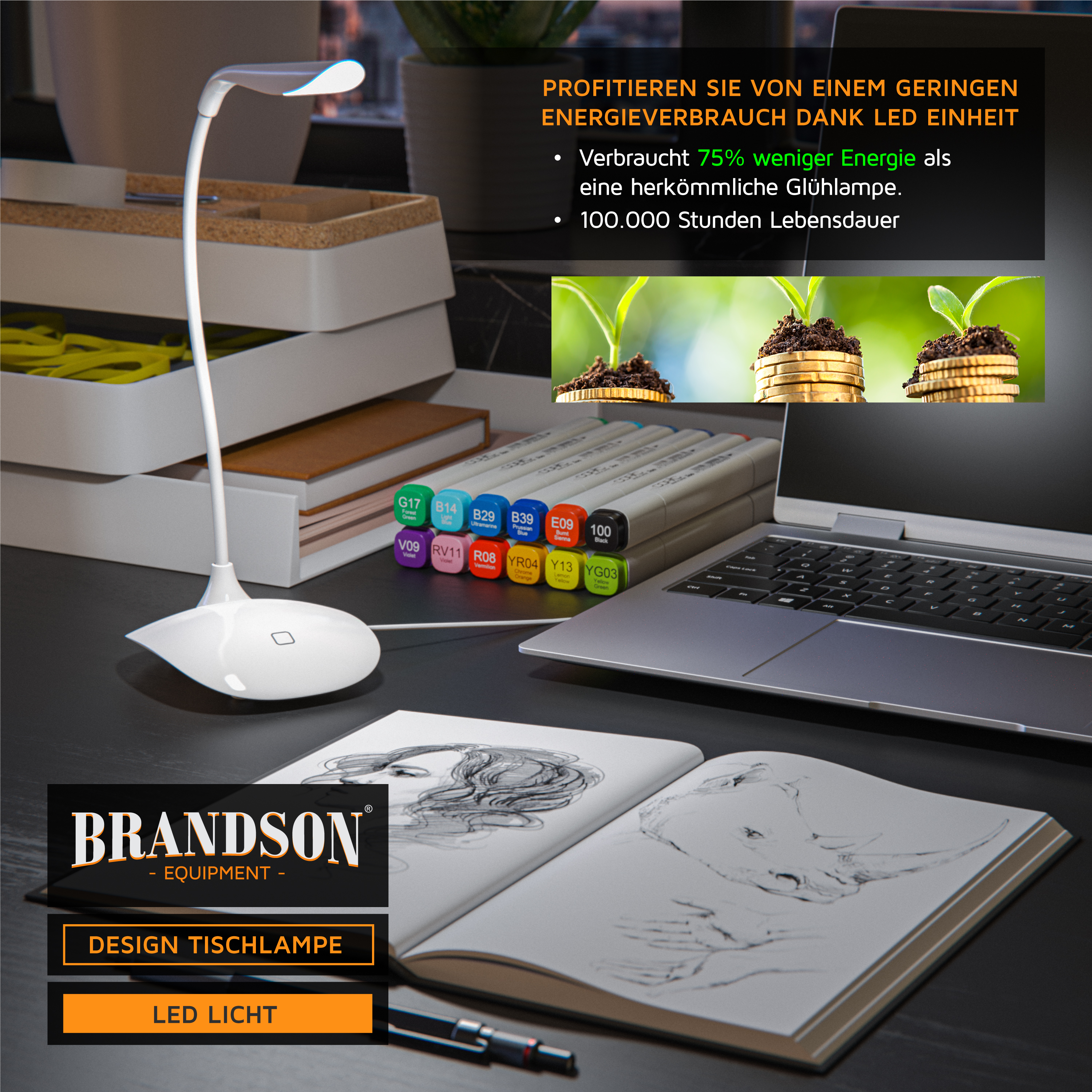 Brandson Design Tischlampe in Weiß mit flexiblem Hals und modernem Design, ideal für Schreibtische und kreatives Arbeiten.