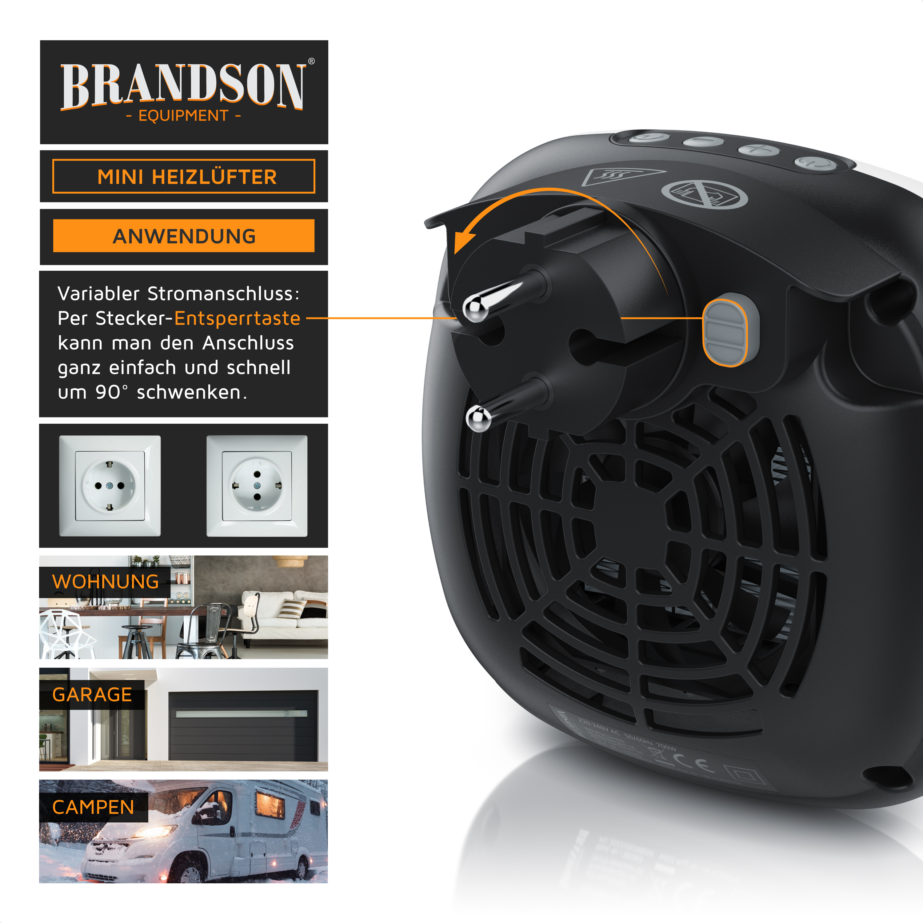 Brandson Mini Heizlüfter mit variabel einstellbarem Stromanschluss und kompaktem Design für vielseitige Anwendungen.