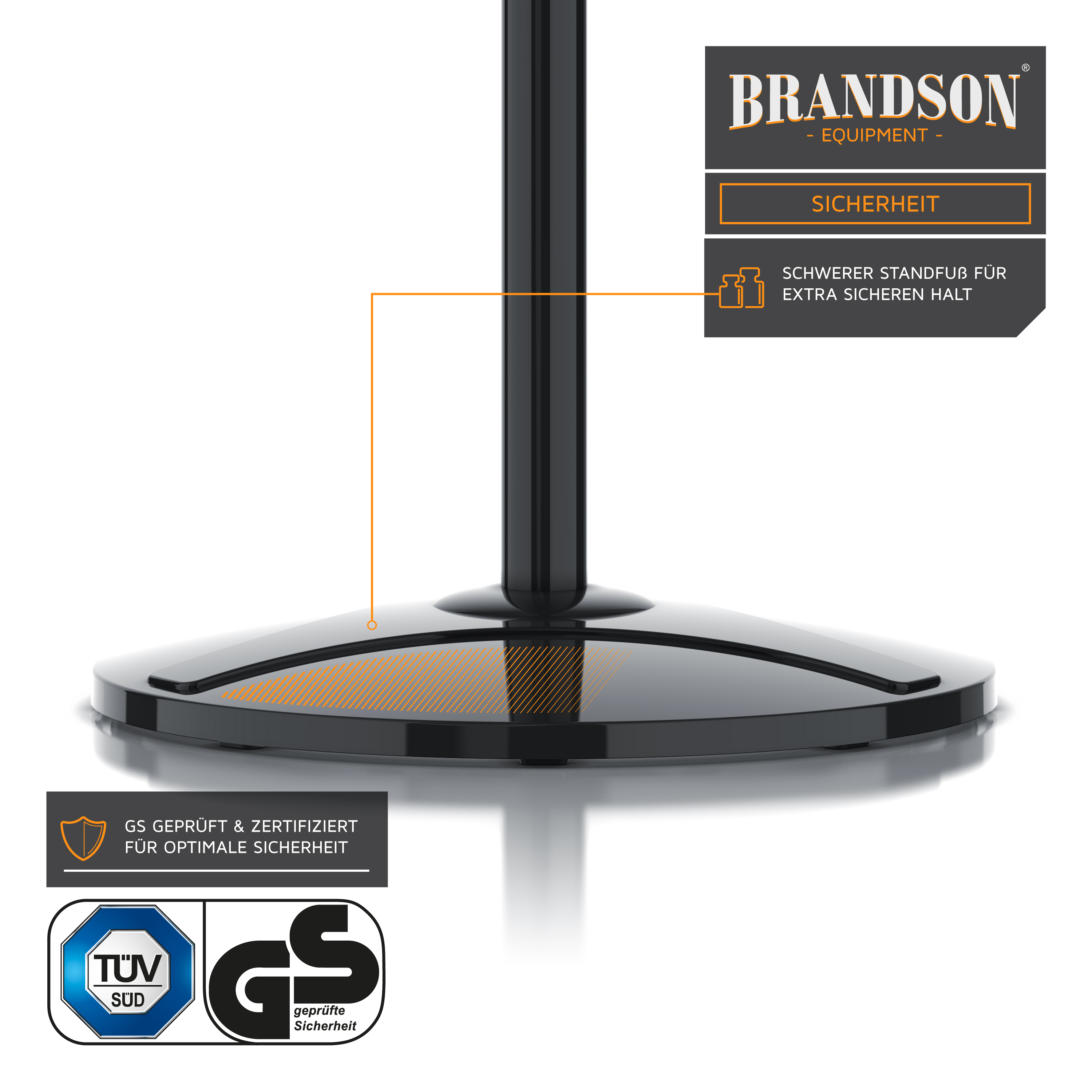 Standventilator von Brandson mit schwerem Sockel für zusätzliche Stabilität, elegantem schwarzem Design und moderner Stangenstruktur.