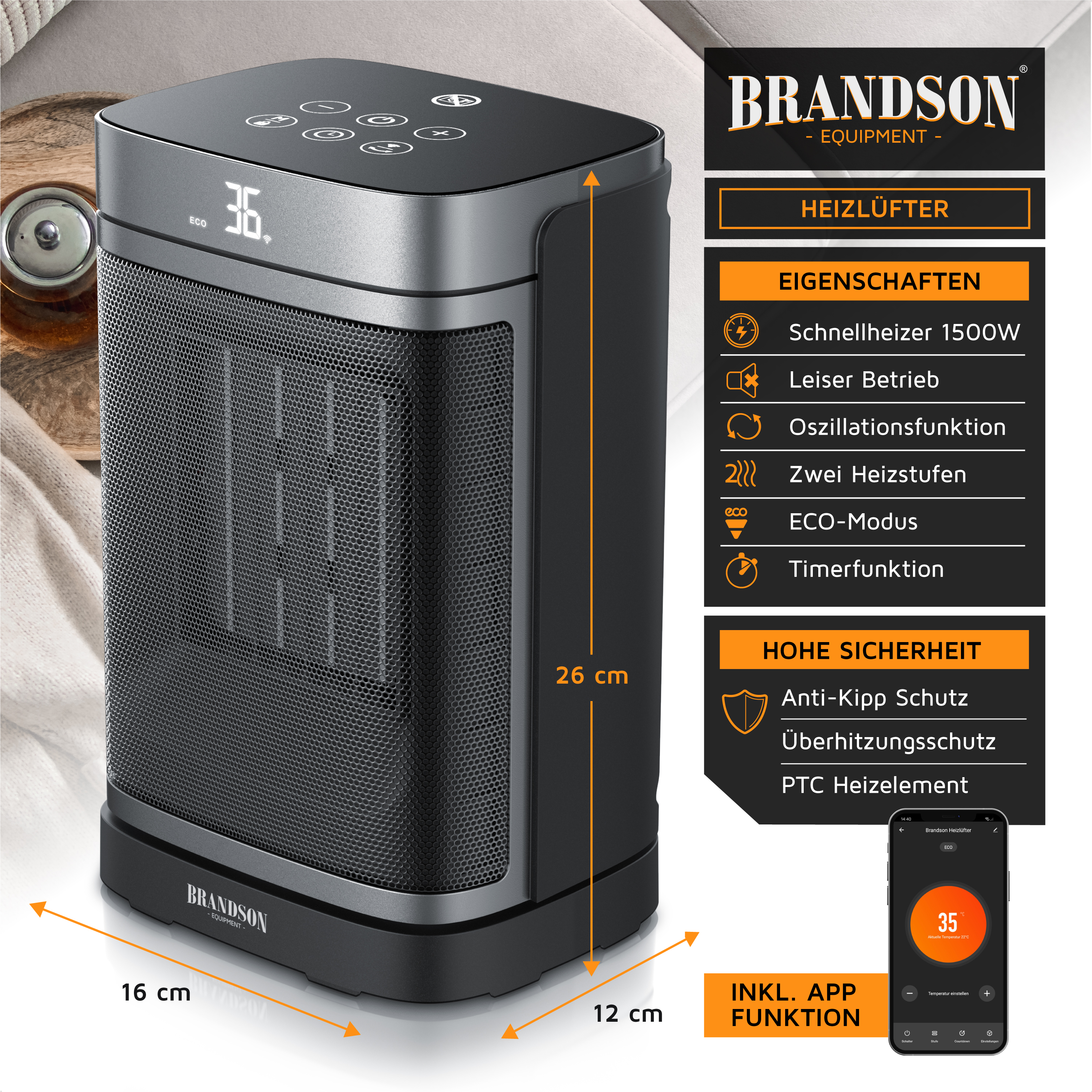 Brandson Heizlüfter in Schwarz mit digitalem Display, Bedienfeld und PTC-Heizelement, geeignet für leisen Betrieb und zwei Heizstufen.