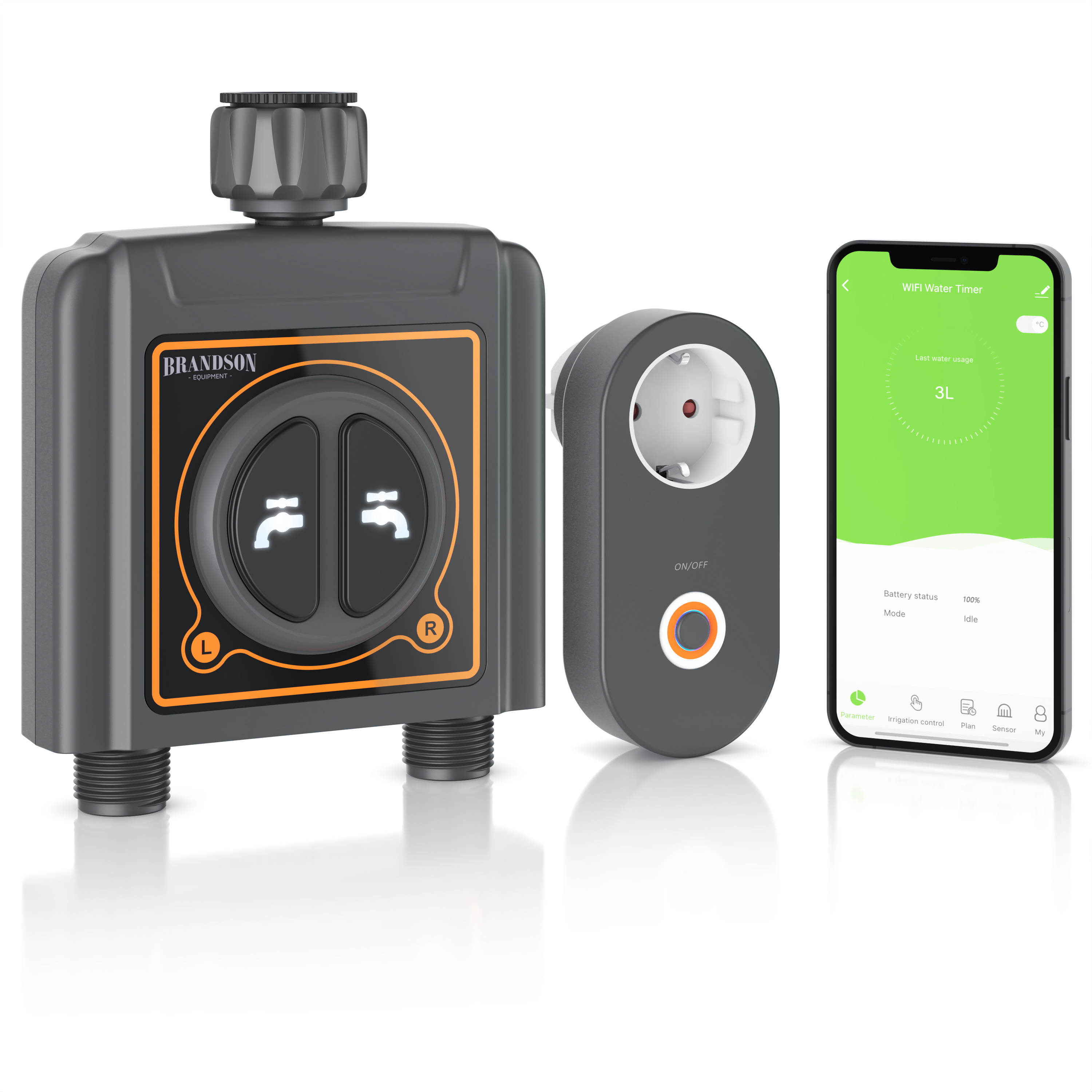 Brandson WiFi Wasser Timer mit grauem Gehäuse, zwei Steuerknöpfen und einer Fernbedienung, daneben ein Smartphone mit App-Anzeige.