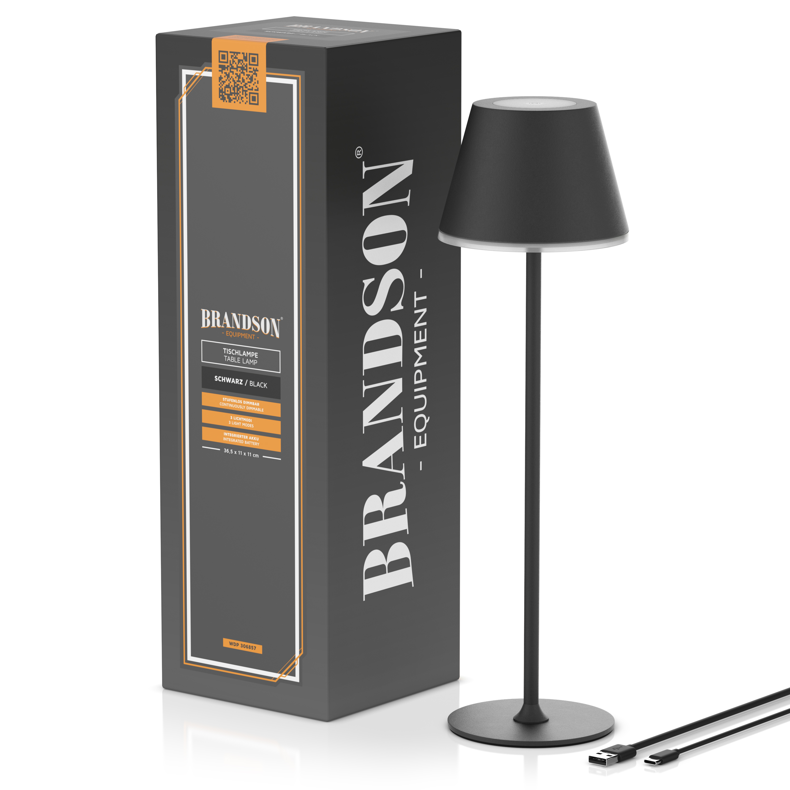 Brandson Tischlampe in Schwarz mit schmalem Standfuß und modernem Lampenschirm, verpackt in einer eleganten Box.