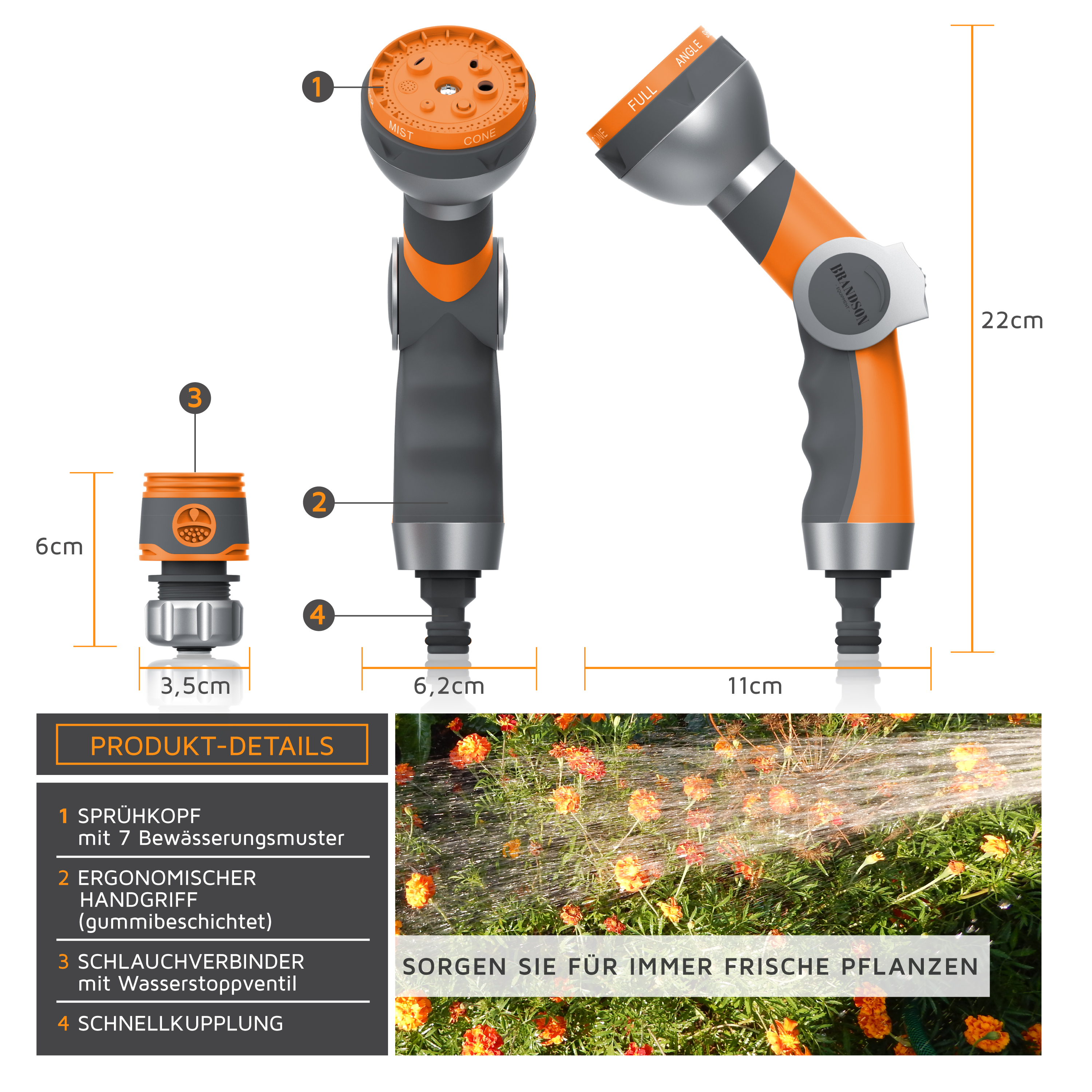 Brandson Gartenspritze mit ergonomischem Handgriff, 7 Bewässerungsmustern und Schnellkupplung für einfache Nutzung.