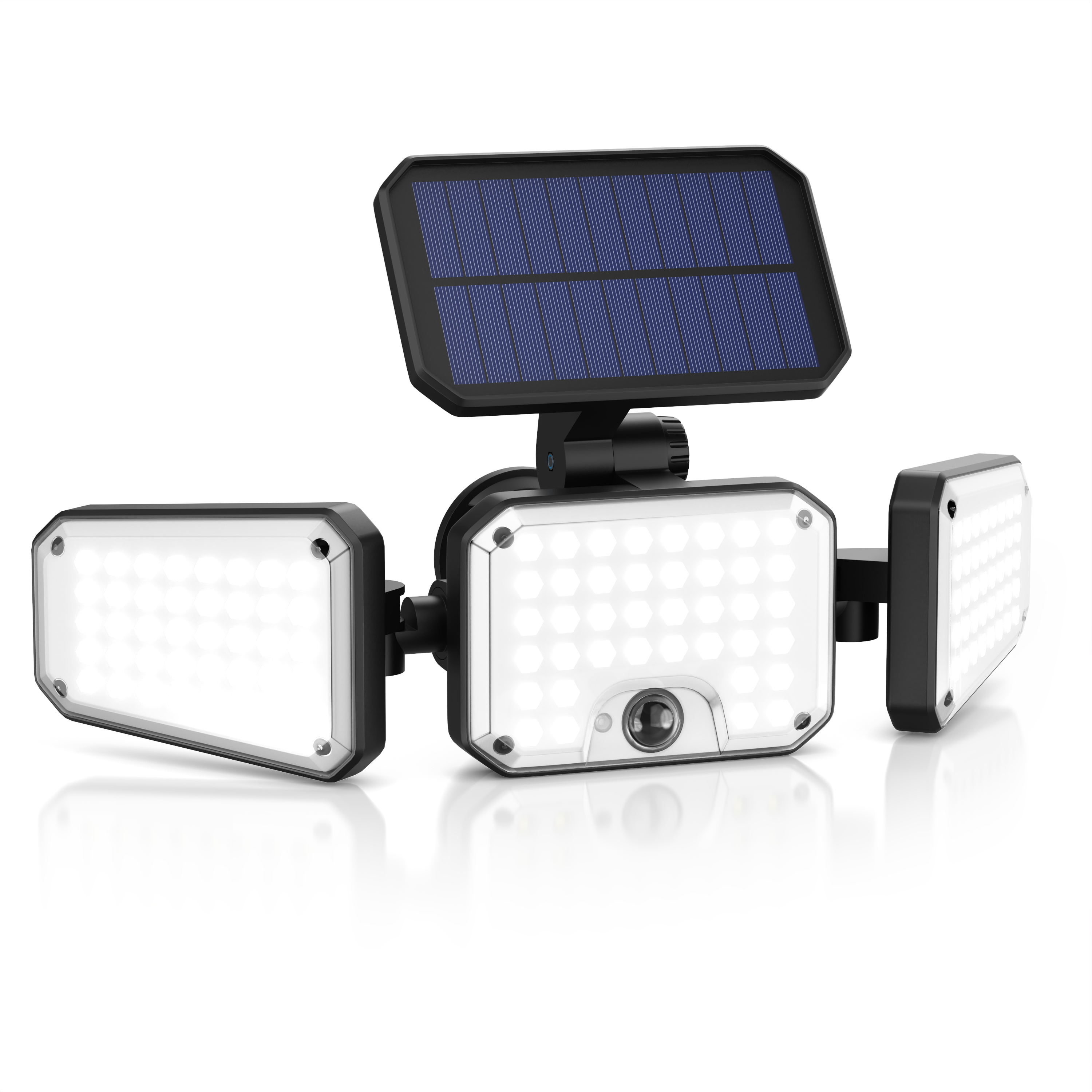Solarbetriebene LED-Sicherheitsleuchte von Brandson mit verstellbaren Paneelen, Bewegungssensor und einem eleganten schwarzen Design.