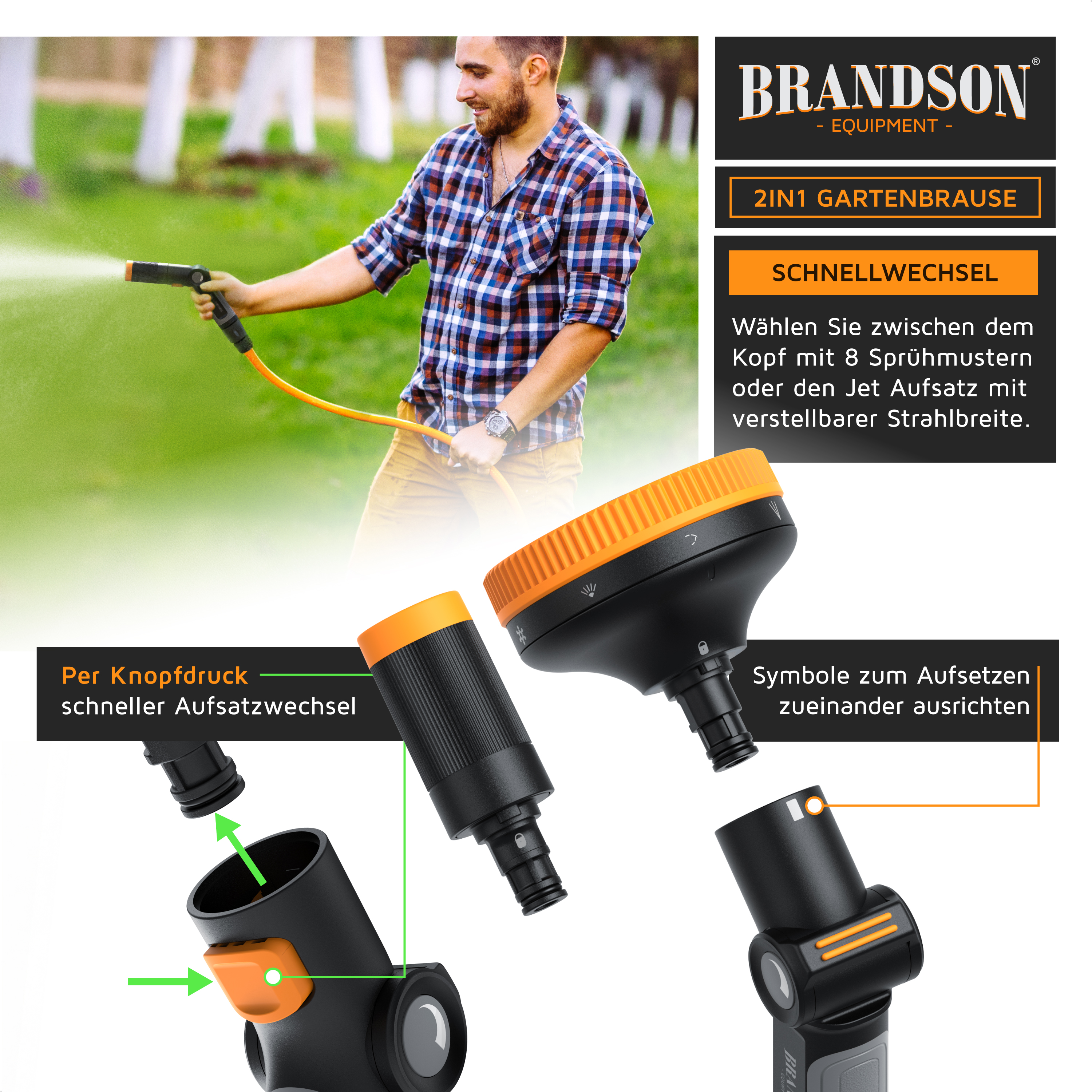 Brandson 2-in-1-Gartenschlauchdüse mit Schnellwechselfunktion, orange-schwarzem Design und einstellbaren Sprühmustern.