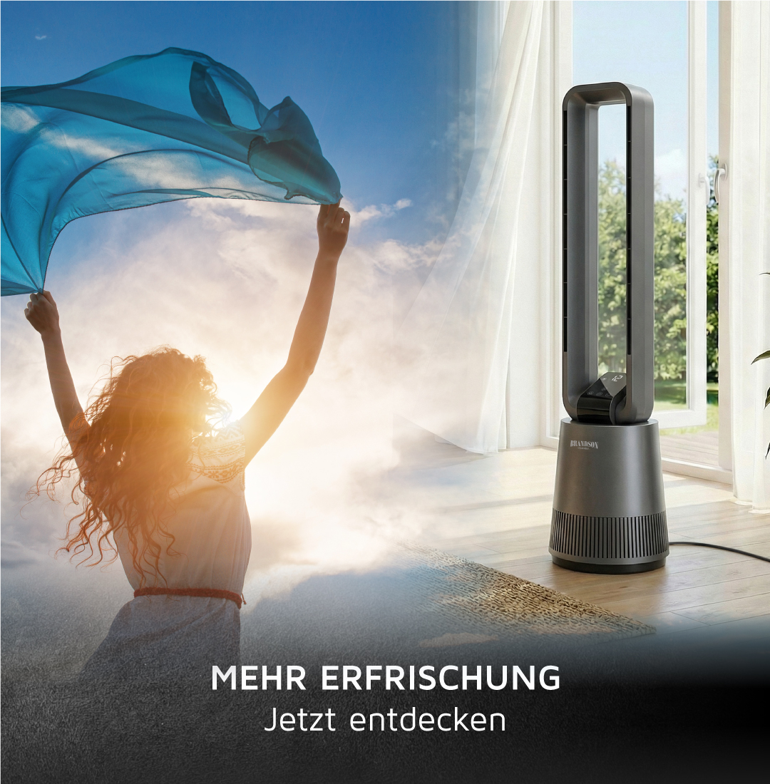 Brandson Turmventilator mit schlankem Design, dunkelgrauer Farbe und sichtbarem Bedienfeld, platziert in einem hellen Raum in der Nähe eines Fensters.