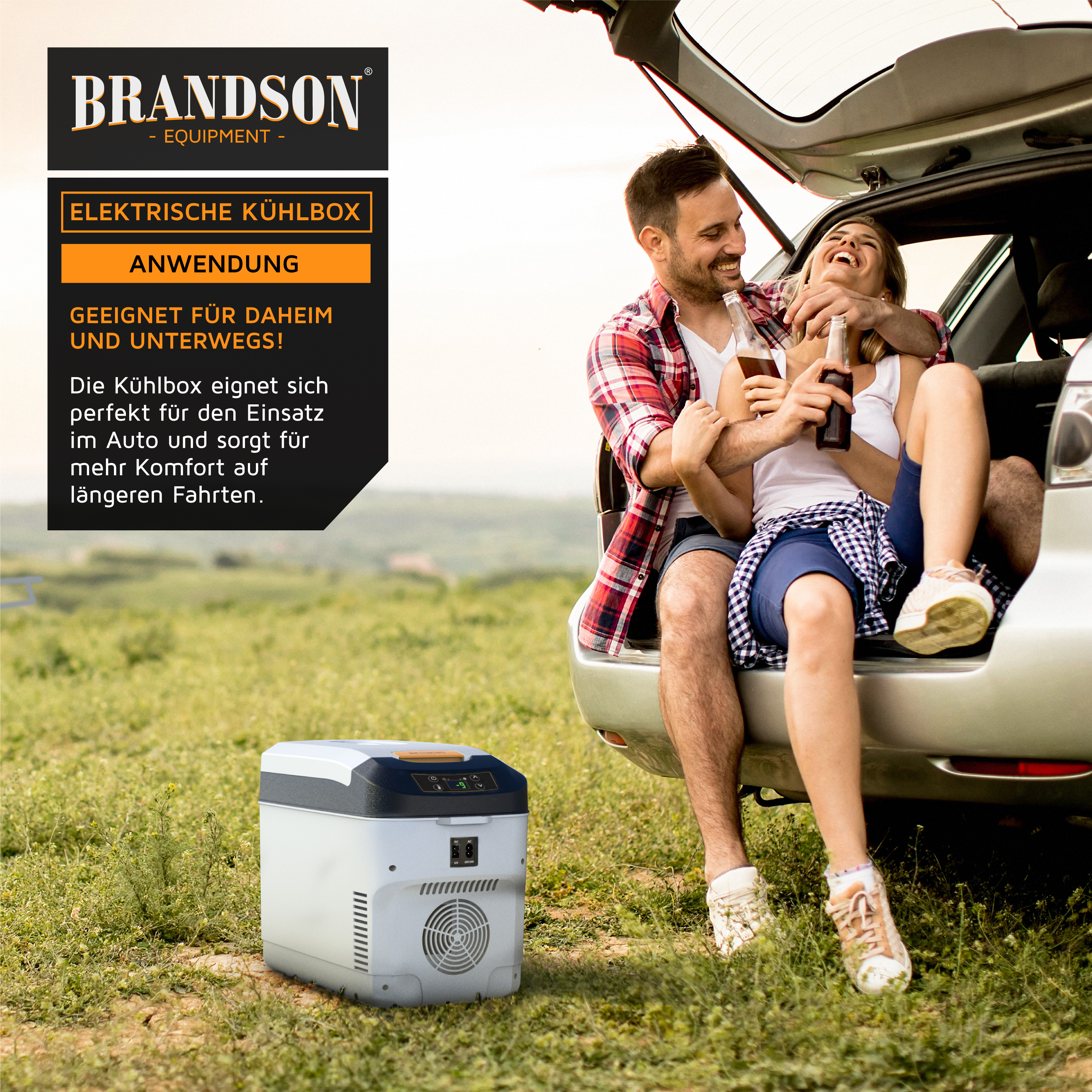 Elektrische Kühlbox von Brandson mit kompaktem Design, digitaler Anzeige und Griff, geeignet für den Einsatz im Freien und auf Reisen.